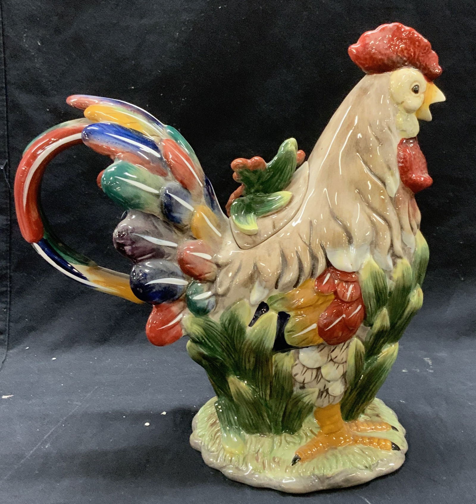 MAJOLICA Colorful Porcelain Rooster Pitcher (1 of 9)