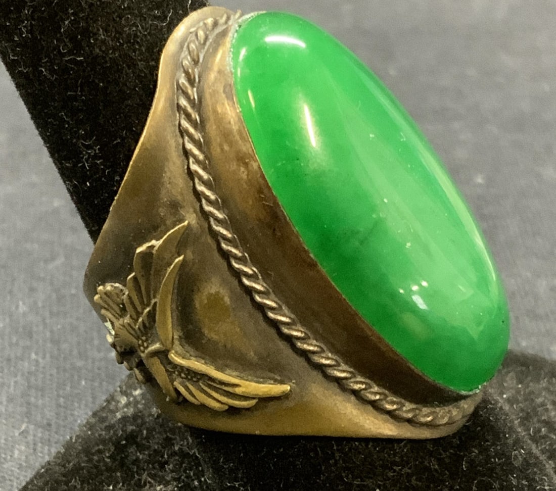 Vintage Signed Bright Jade Eagle Statement Ring (1 of 6)