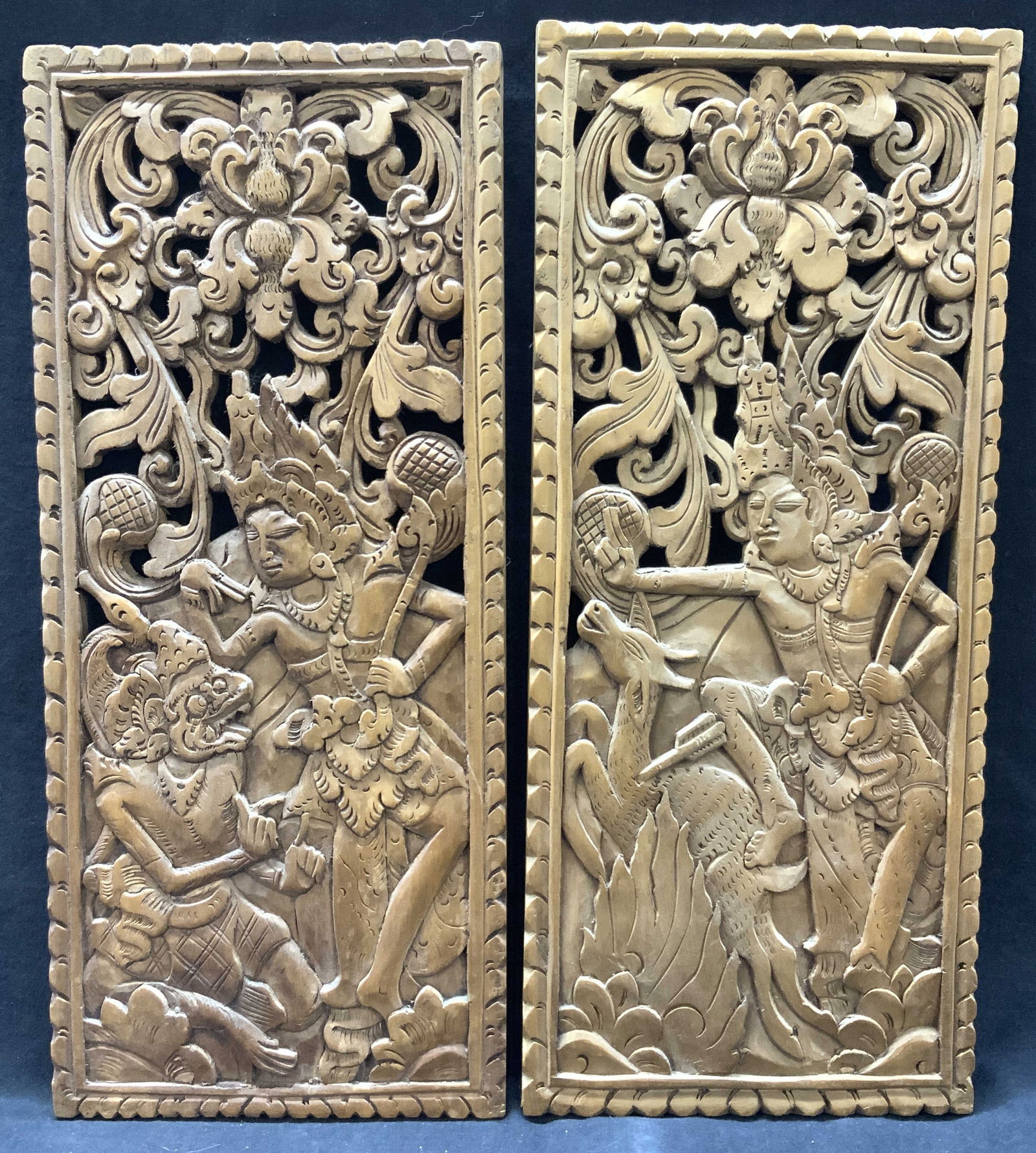 Pr Signed G&N 1992 Carved Wood Asian Deity Panels (1 of 9)
