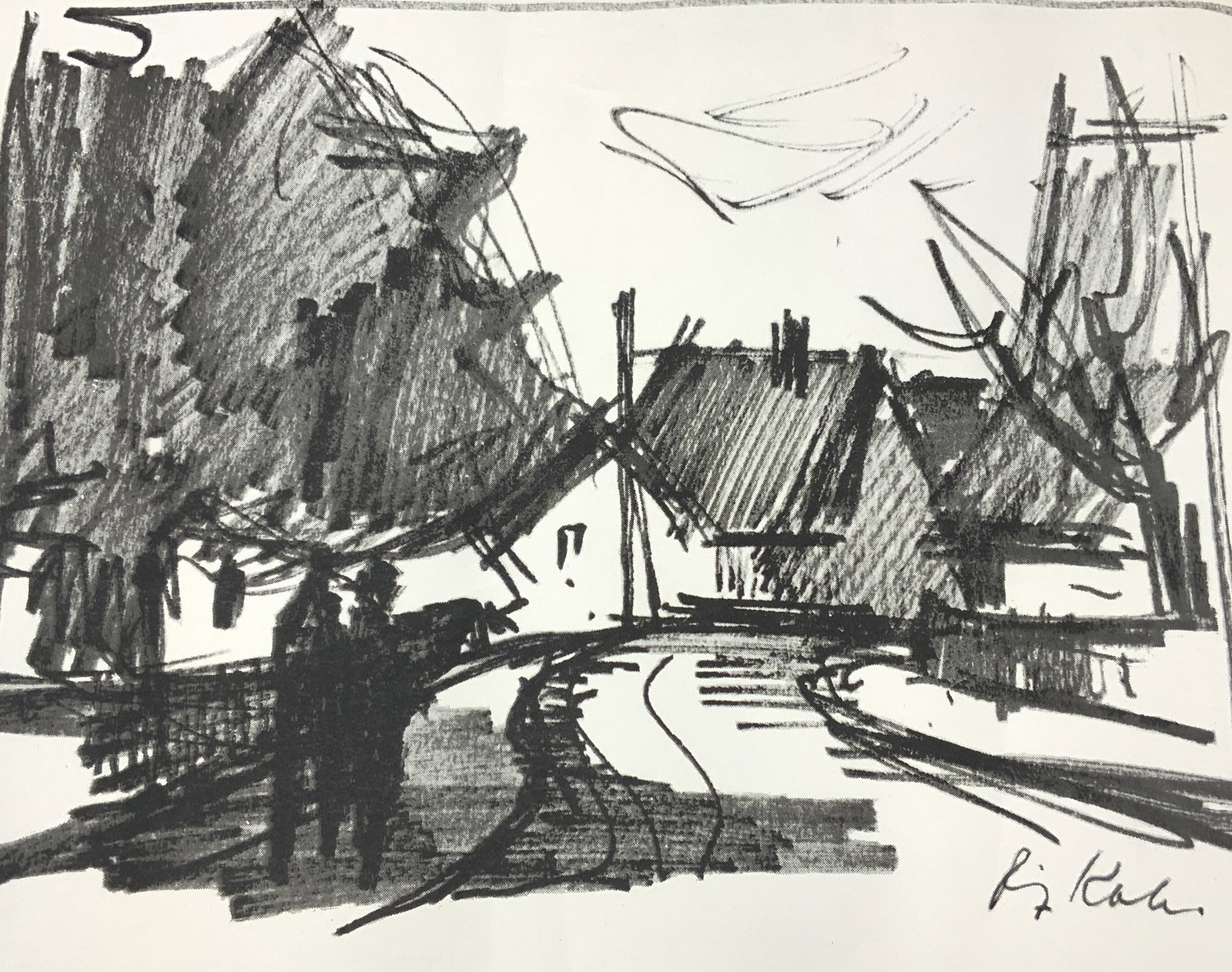 Signed Black & White Sketch Lithographs: Signed on lower left corner possibly reading Serigra, right corner reads F. kohn Depicts a black and white sketch of a couple walking towards a village. No frame. Approx 19, 75 x 24 inches Evident wea