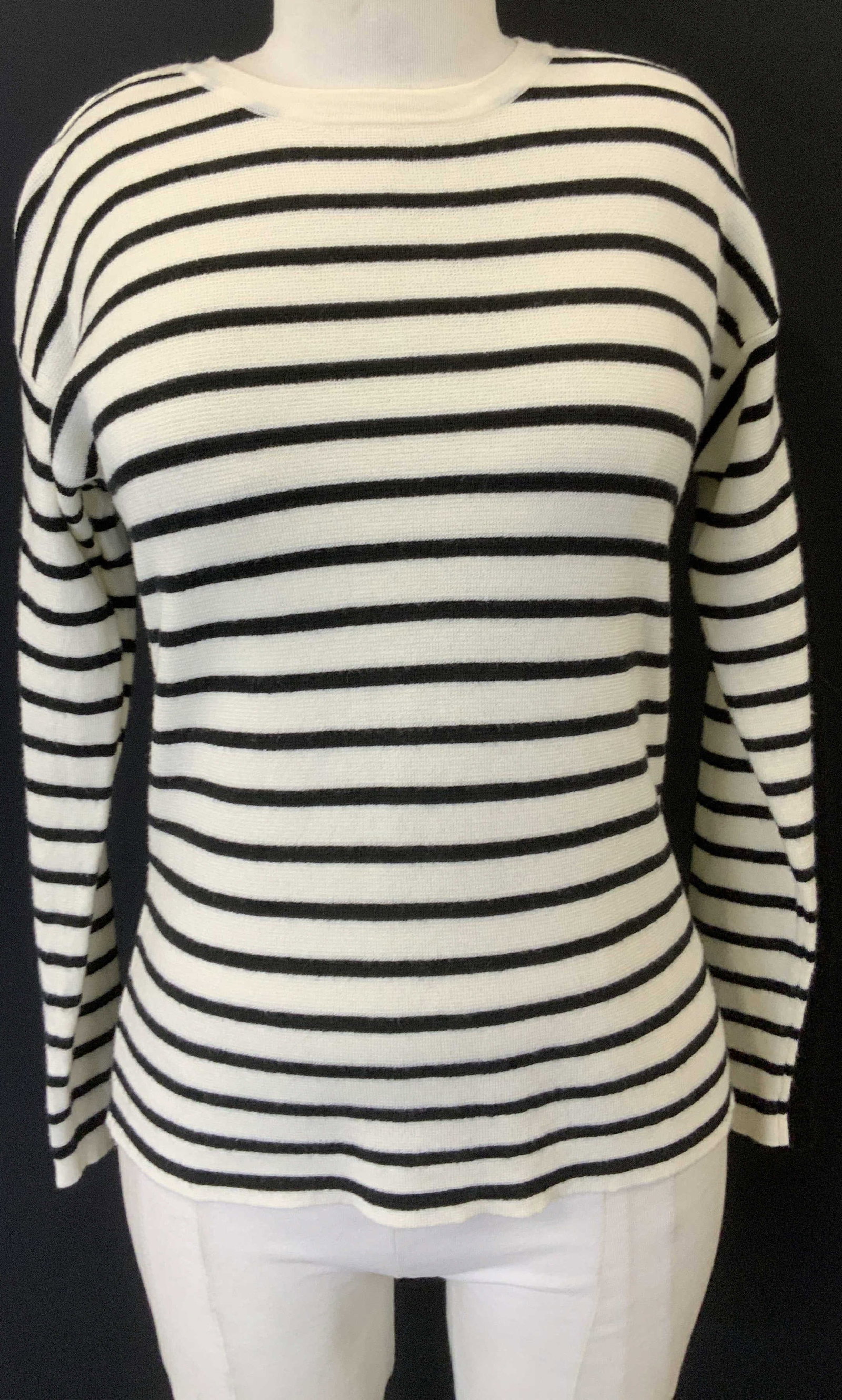 Eileen Fisher Italian Merino Wool Sweater: Cream and black directional stripe sweater by Eileen Fisher. 100% merino wool, yarn is imported from Italy., size Petite Tall, soft hand wool.22 in. Long., 32 in. Waist. Designer Eileen Fisher, Ladies