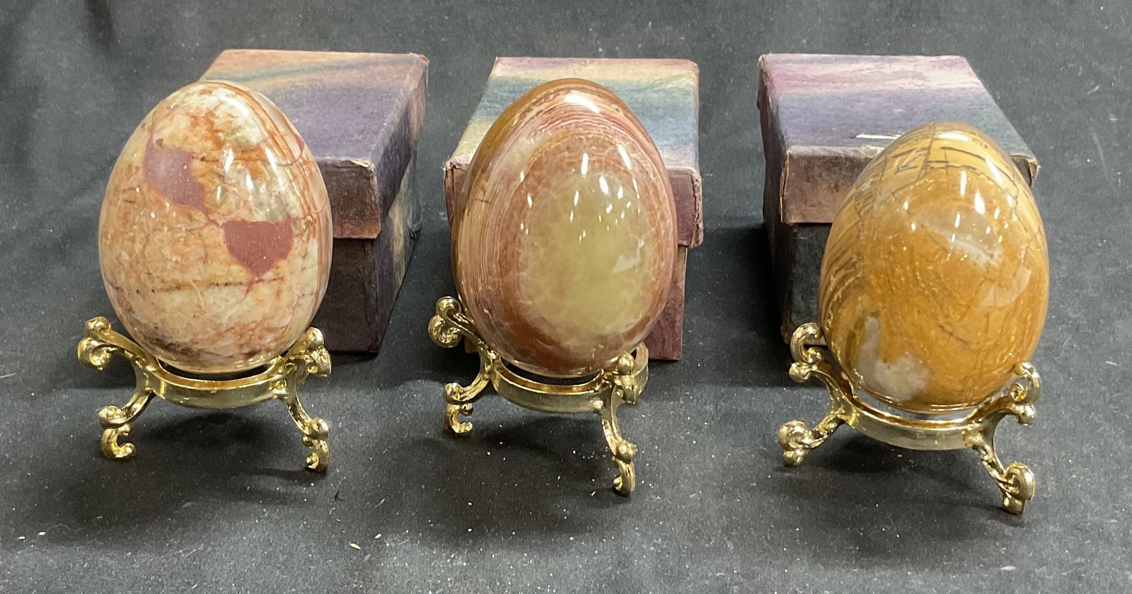3 Brown Agate Stone Eggs with Stands. Pakistan. (1 of 7)