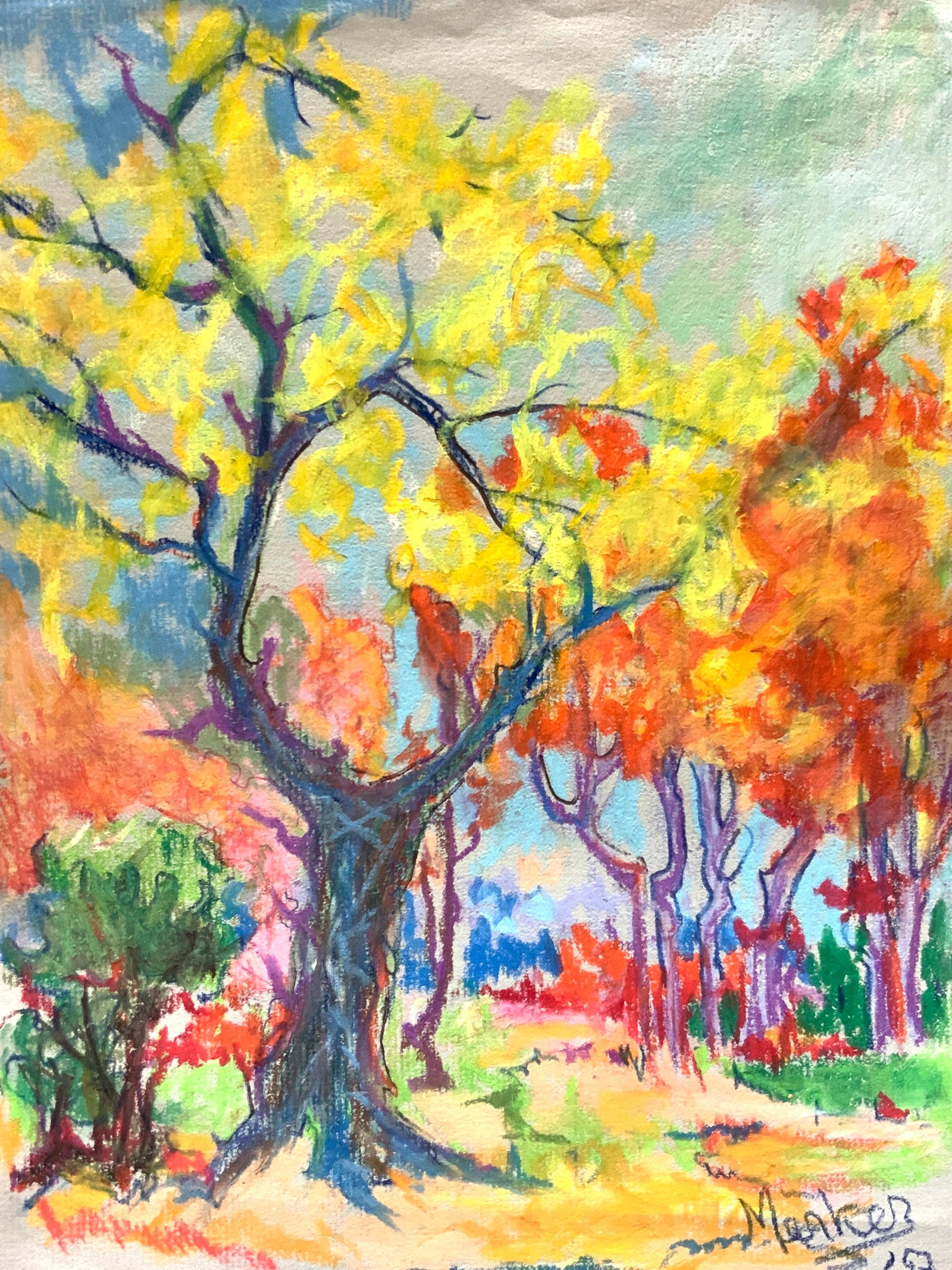 Merker Sgd Forest Landscape Pastel Artist Sketch: Signed on lower right corner Merker, Depicts a landscape of a forest, using vibrant pastel tones No frames. Approx 12.75 x 9.25 inches Moderate wearing edges of paper Signed art, artist sketch, landsc