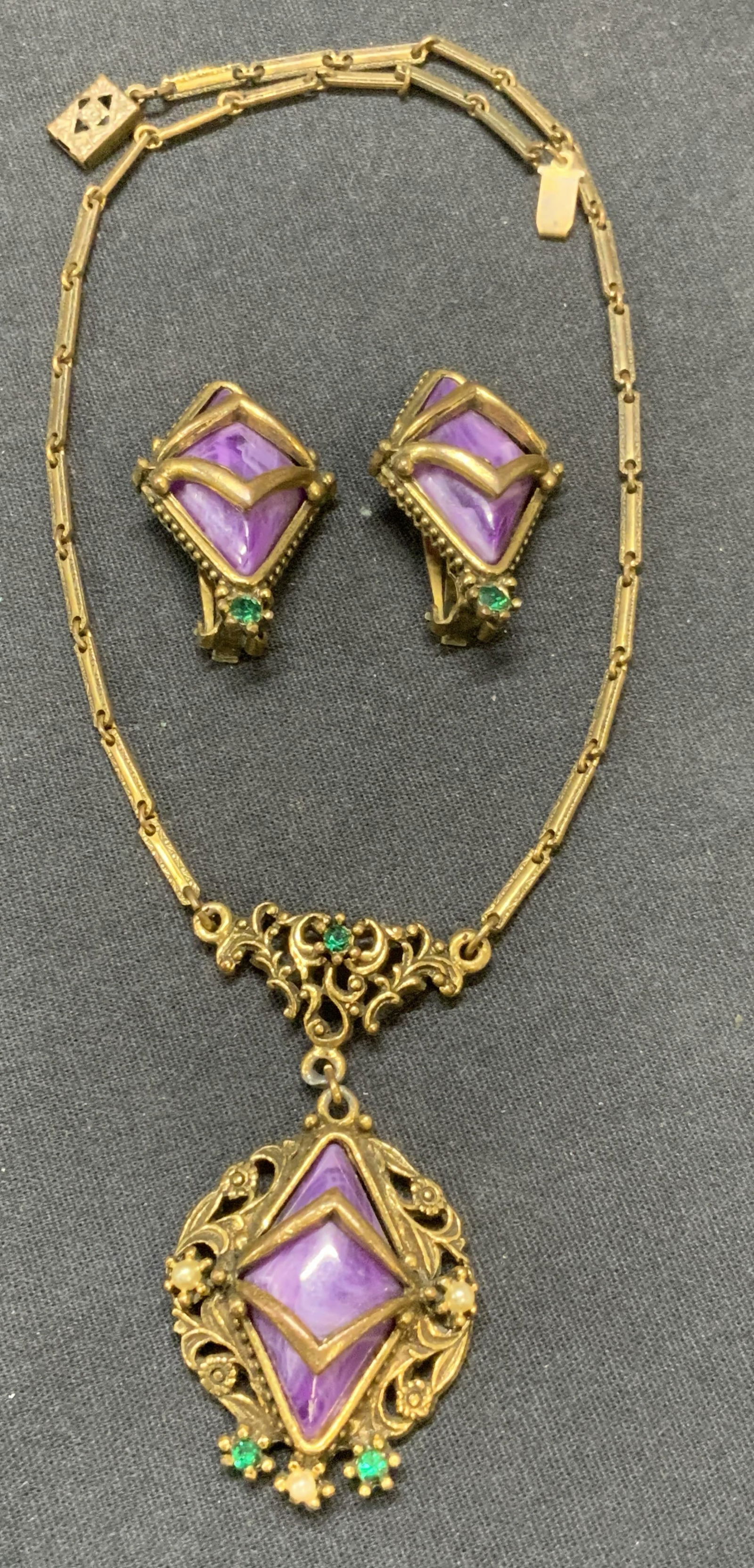 2 Amethyst Cabochon Necklace & Earring Jewelry Set (1 of 8)