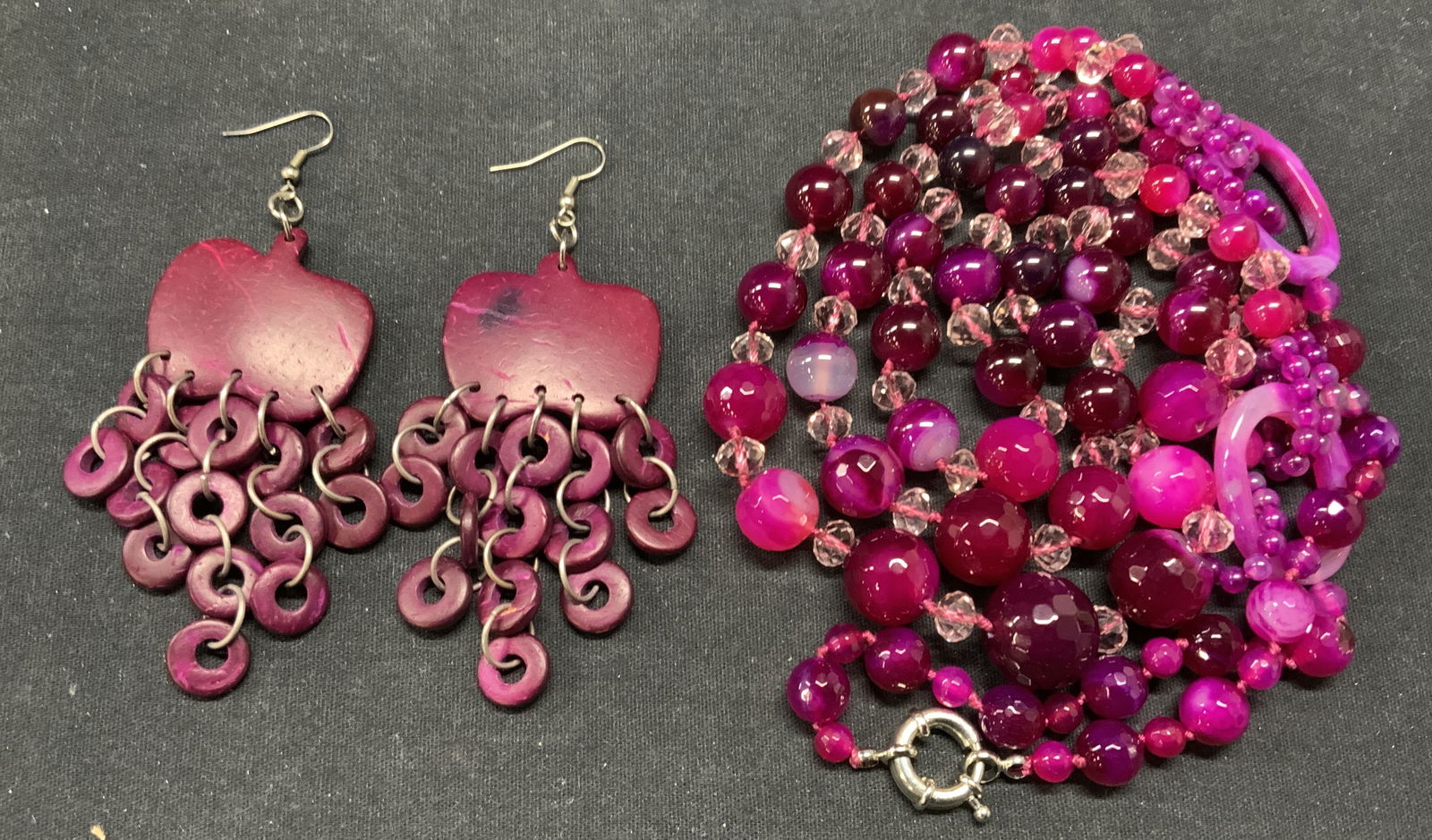 2 Purple Wood Earrings, Quartz Necklace (1 of 9)