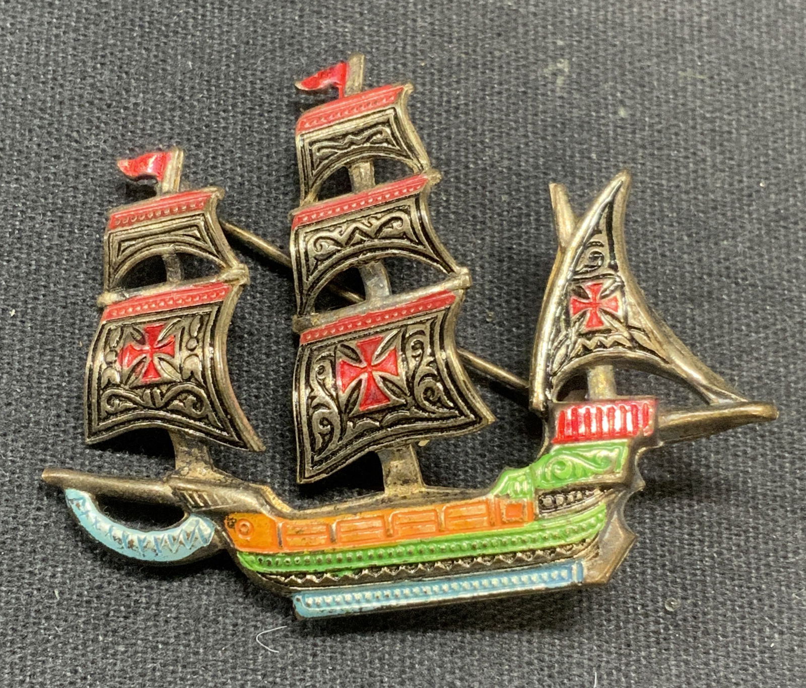 Vintage Enameled Maltese Cross Ship Brooch, Spain (1 of 6)