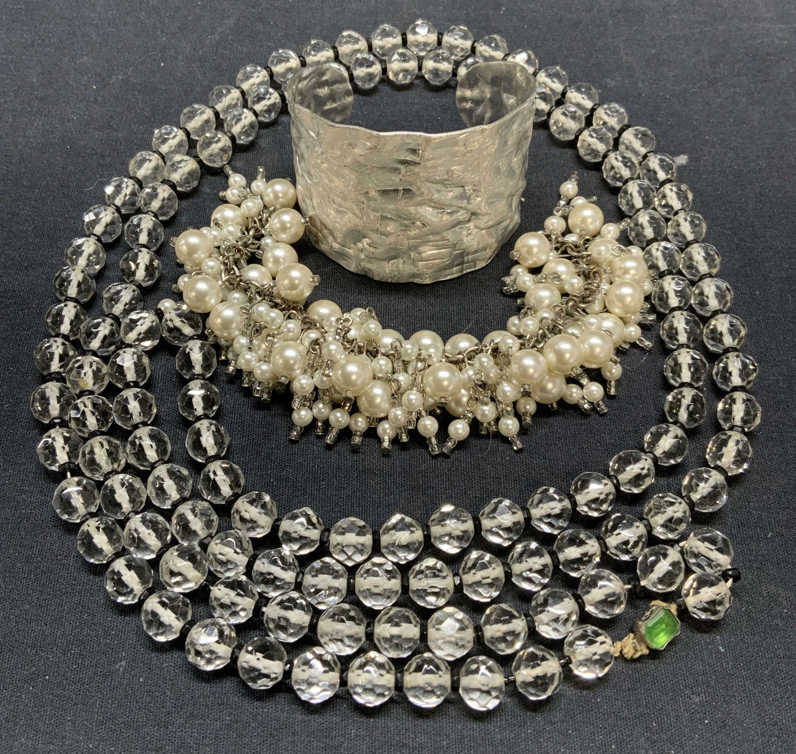 Lot 3 Faux Pearl Bracelet, Cuff, Crystal Necklace (1 of 13)