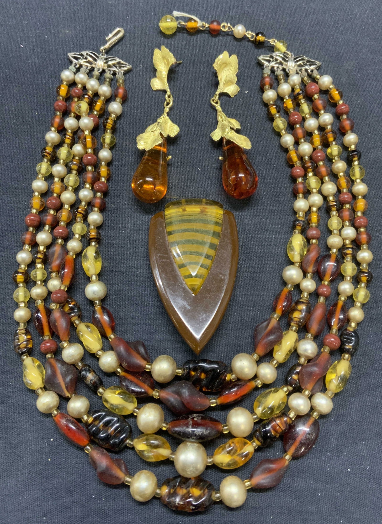 Lot 3 Amber Dangle Earrings, Amber Tone Necklace (1 of 13)
