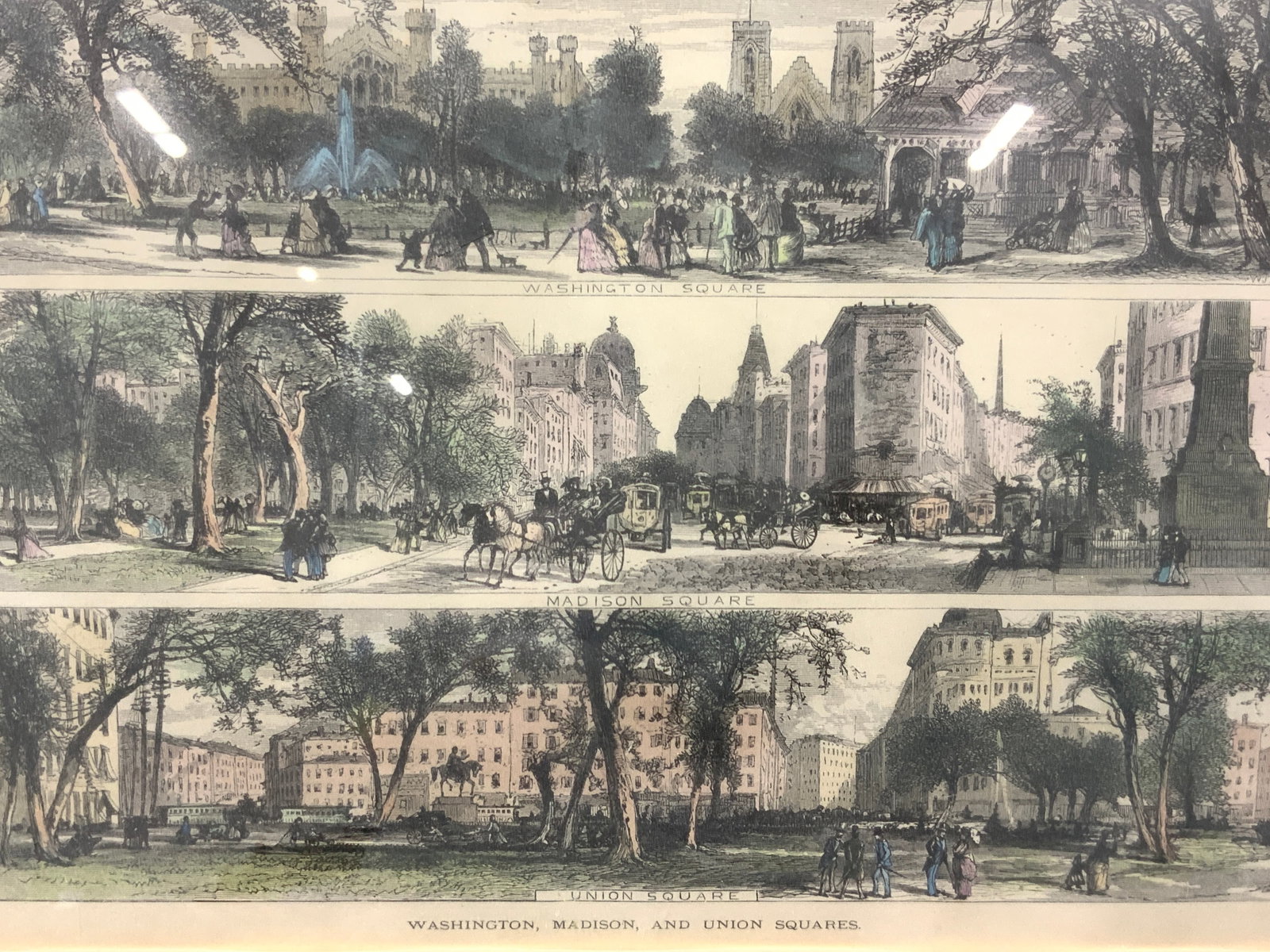 Vntg Washington & Madison Square Colored Lithos: Vintage colored lithograph depicting Washington Square, Madison Square and Washington, Madison and Union Squares. All depicting the squares in color with people and horses. Framed in a gold leafed woo