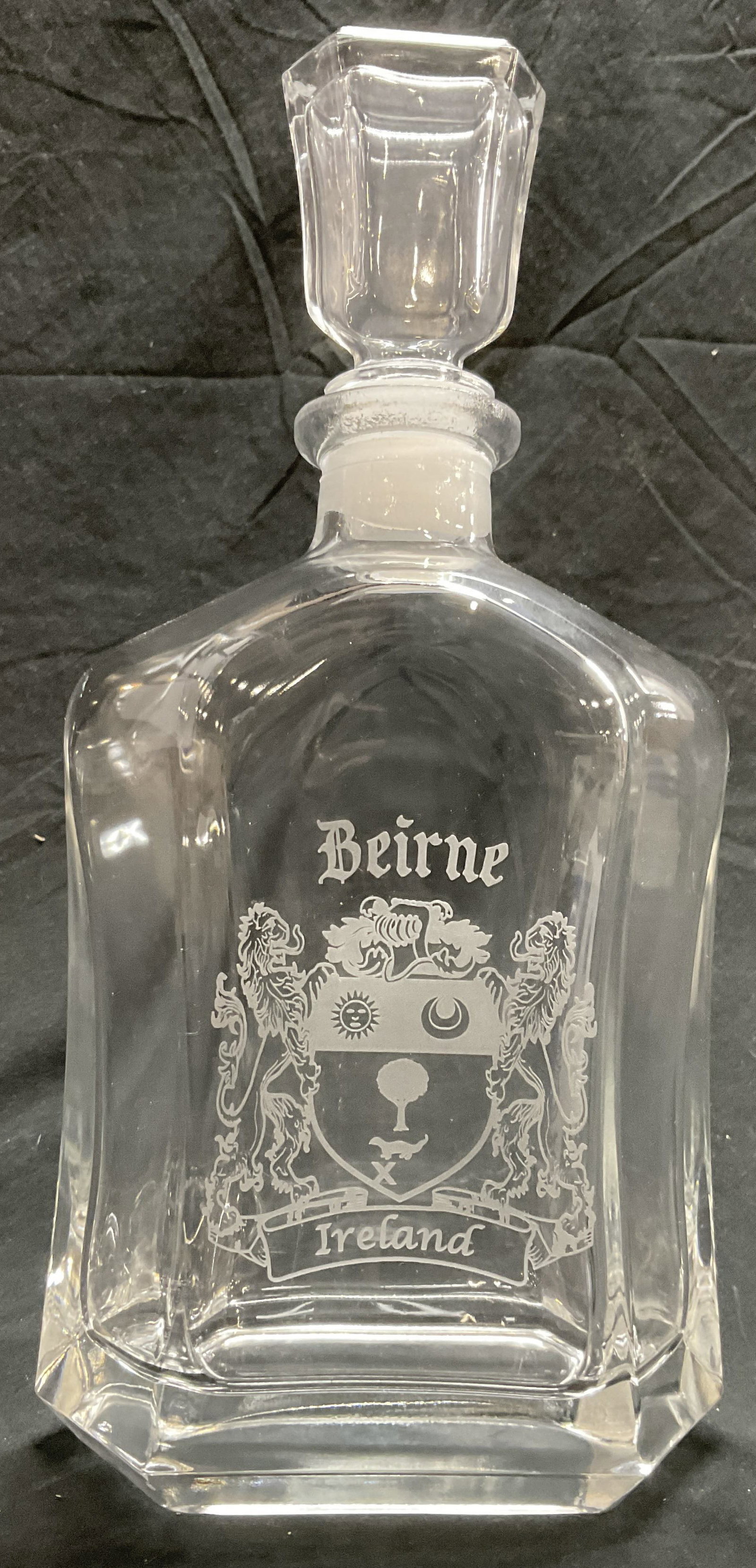 Beirne Coat of Arms Glass Whisky Decanter: Beirne Coat of Arms Glass Whisky Decanter. Measures approx. 11H x 5.5W in. Barware, whisky Decanter, tabletop decor, decorative arts, decorative accessories, decorative tabletop, housewares, tabletop 