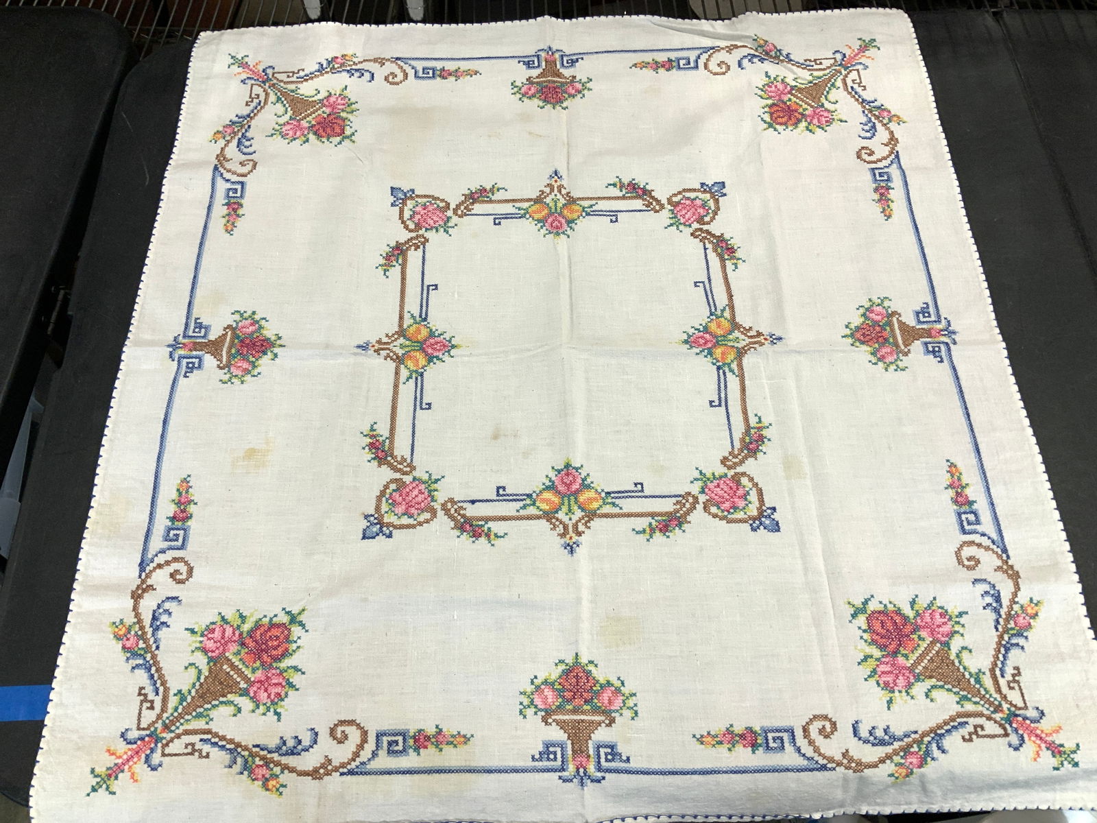 Vntg Cross Stitch Cotton Square Bistro Tablecloth (1 of 8)