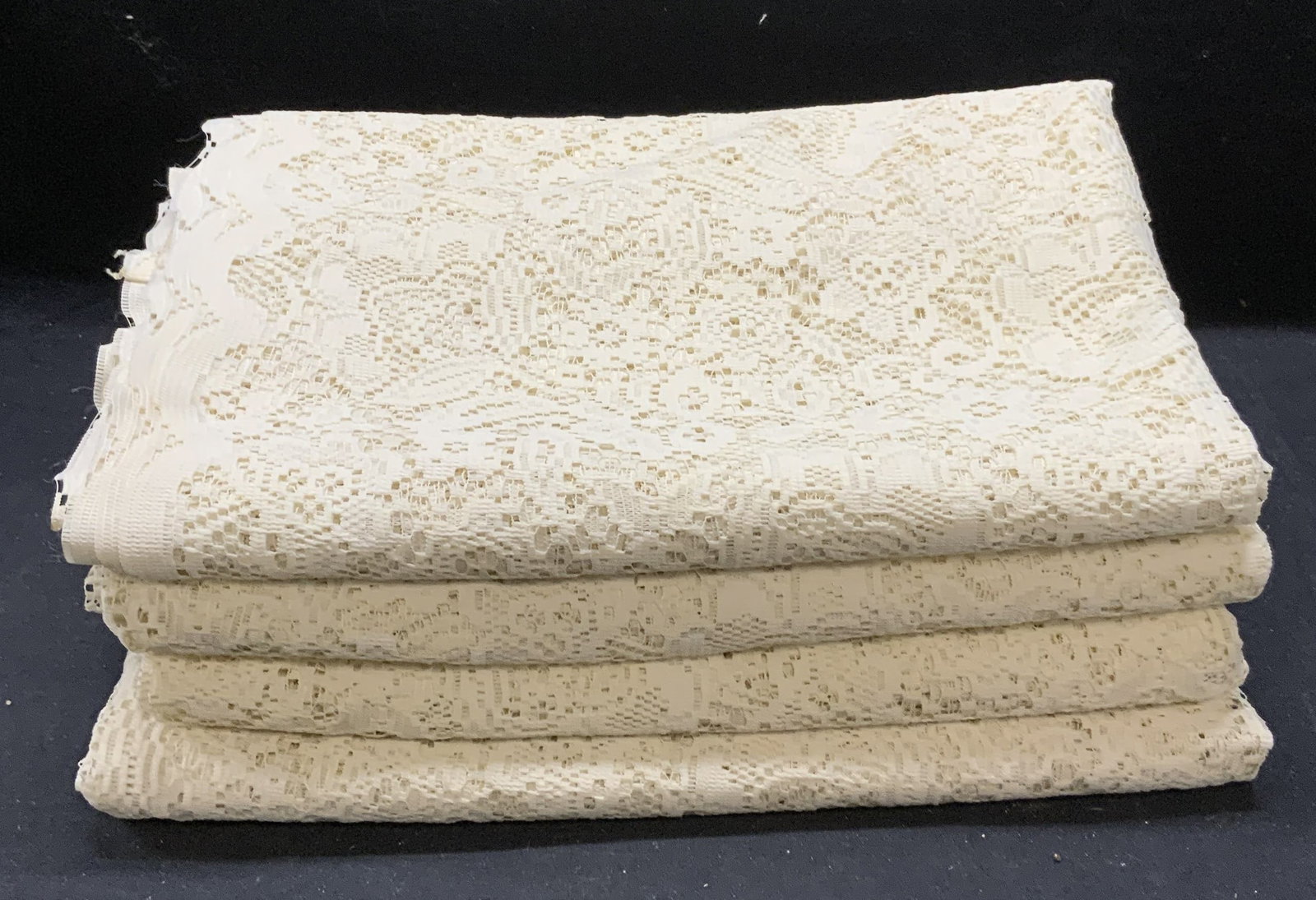 Set 4 JC Penny White Lace Curtains: Set of 4 pieces. JC Penny white lace curtains. 100% polyester. Measure approx. 57 x 82 inches each. All pieces have wear to material including blemishes observed. Jc Penny, Jc Penny curtains, white cu