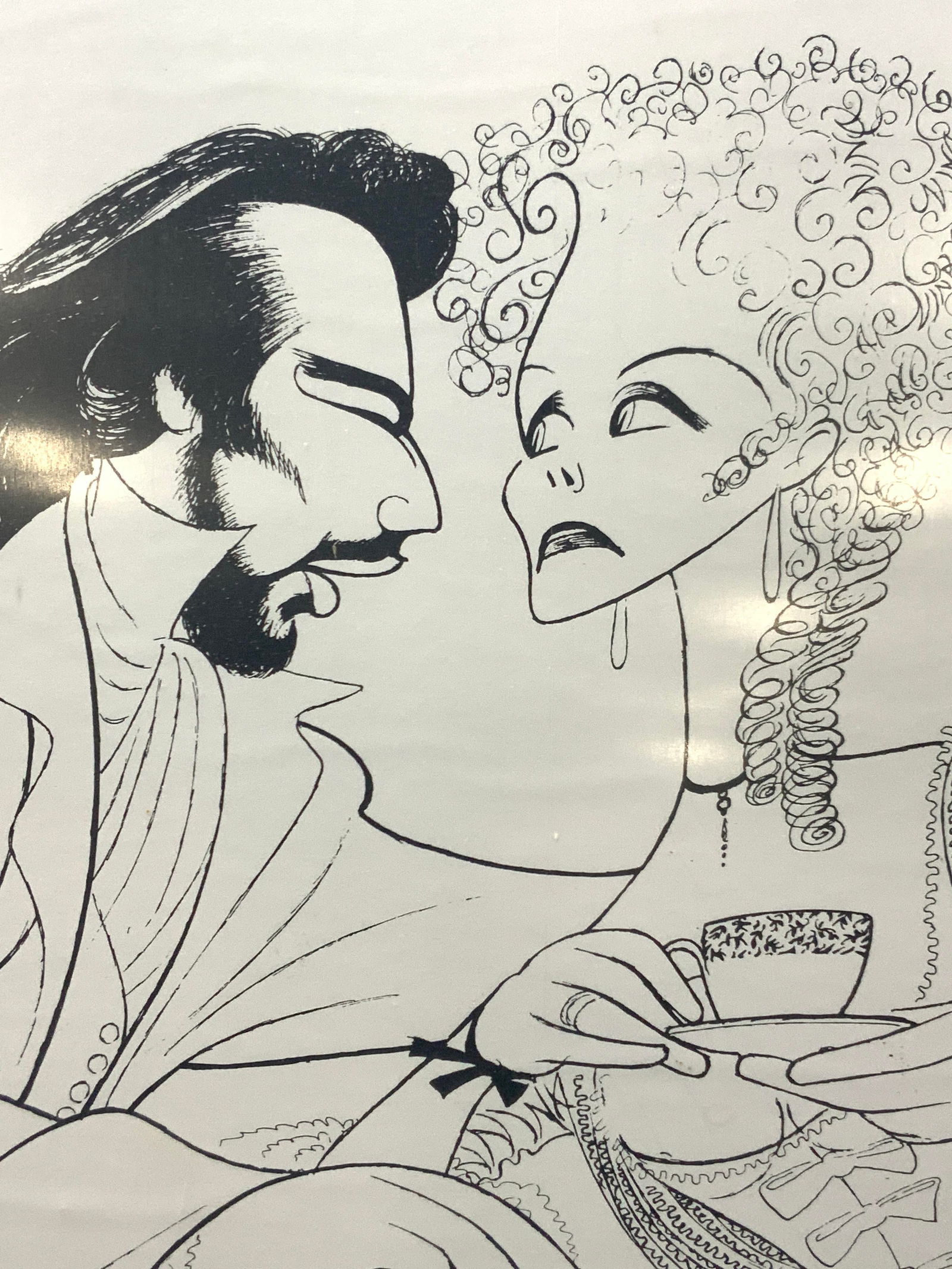 Al Hirschfeld Les Liaisons Dangereuses Litho: Marked on lower right Al Hirschfeld. Depicts Alan Rickman and Lindsay Duncan from Les Liaisons Dangereuses play in iconic Hirschfeld Styling, Framed in a black metal frame, approx 20.5 x 16.5 inches w