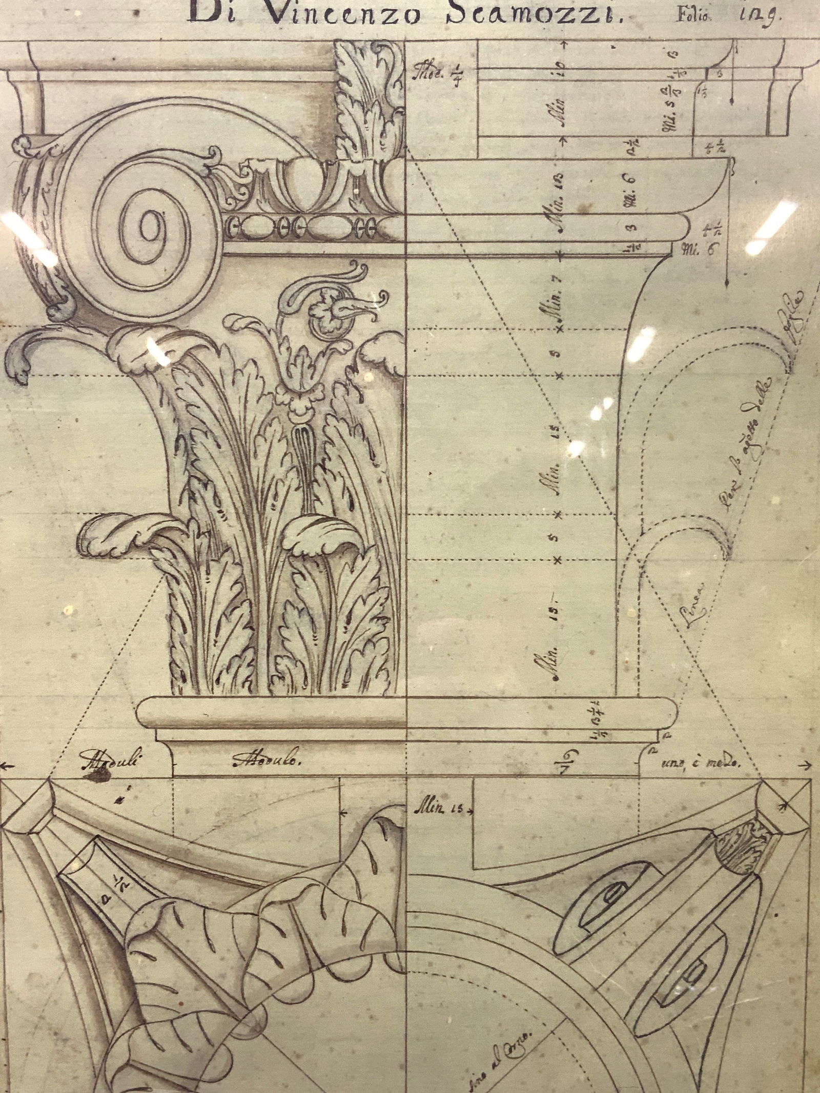 Di Vincenzo Seamozzi Column Lithograph: Marked Di Vincenzo Seamozzi, depicting a sketch of a column and diagram. Framed in a black plastic frame with white mat board Approximately 20.5 x 16.25 inches window measures 13.25 x 9.5 inches. Mode