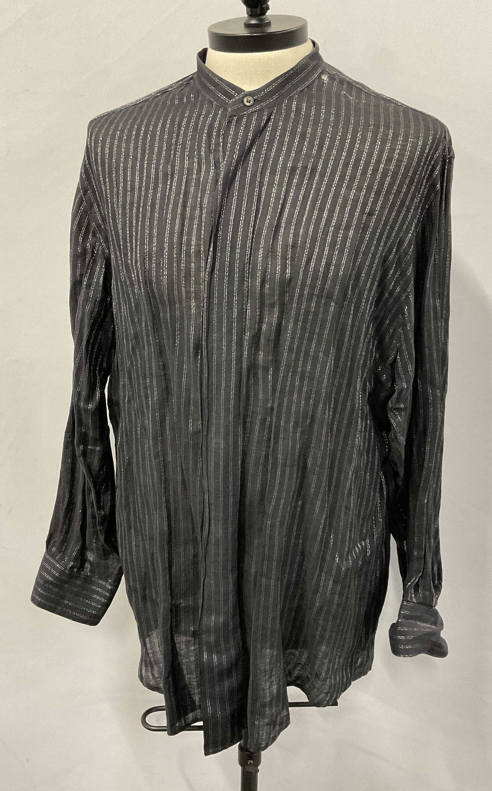 DKNY Black & Silver Striped Linen Shirt, Italy: DONNA KARAN New York mens Black & metallic Silver Striped lined Dress Shirt with mandarin collar. Made in Italy. Size 17 / L. Some surface wear consistent with age, and use. some losses present. Prope