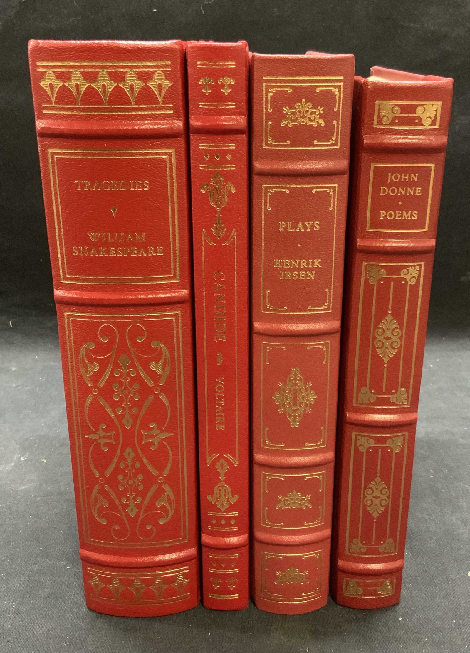 4 Illustrt Books Shakespeare Ibsen Voltaire 1980s: Lot of 4 classic literature books with illustrations published by The Oxford university Press. Hardcover, red leather with gilt decoration. The Greatest Tragedies of Shakespeare (publ. 1981). Illustra