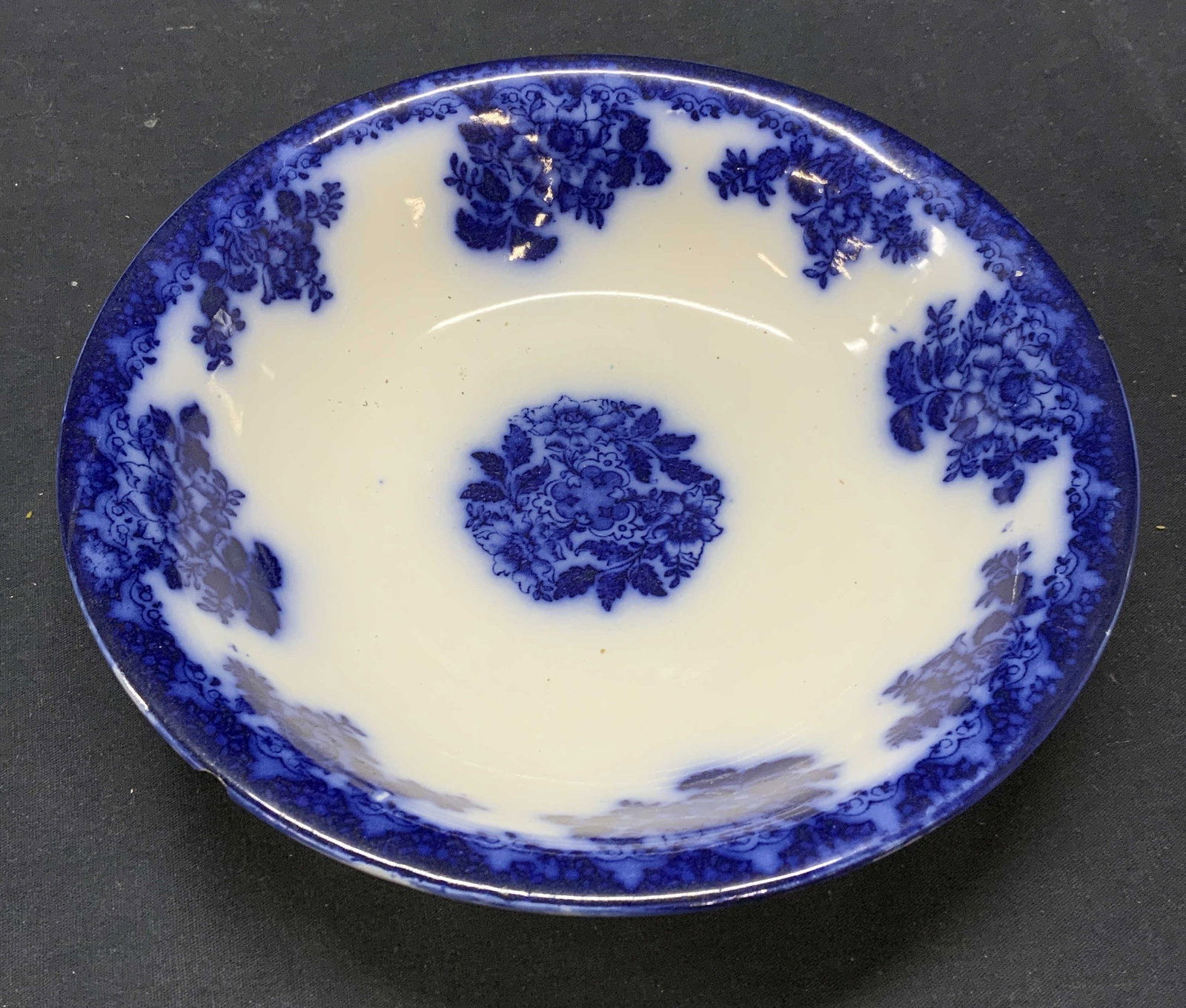 Antique Wharf Pottery Waldorf Bowl, England: Antique New Wharf Pottery semi porcelain bowl in Waldorf pattern. Made in England. Trademarked to underside. Chips to underside observed. Measures approx. 9 x 2 inches. New wharf pottery, antique new 