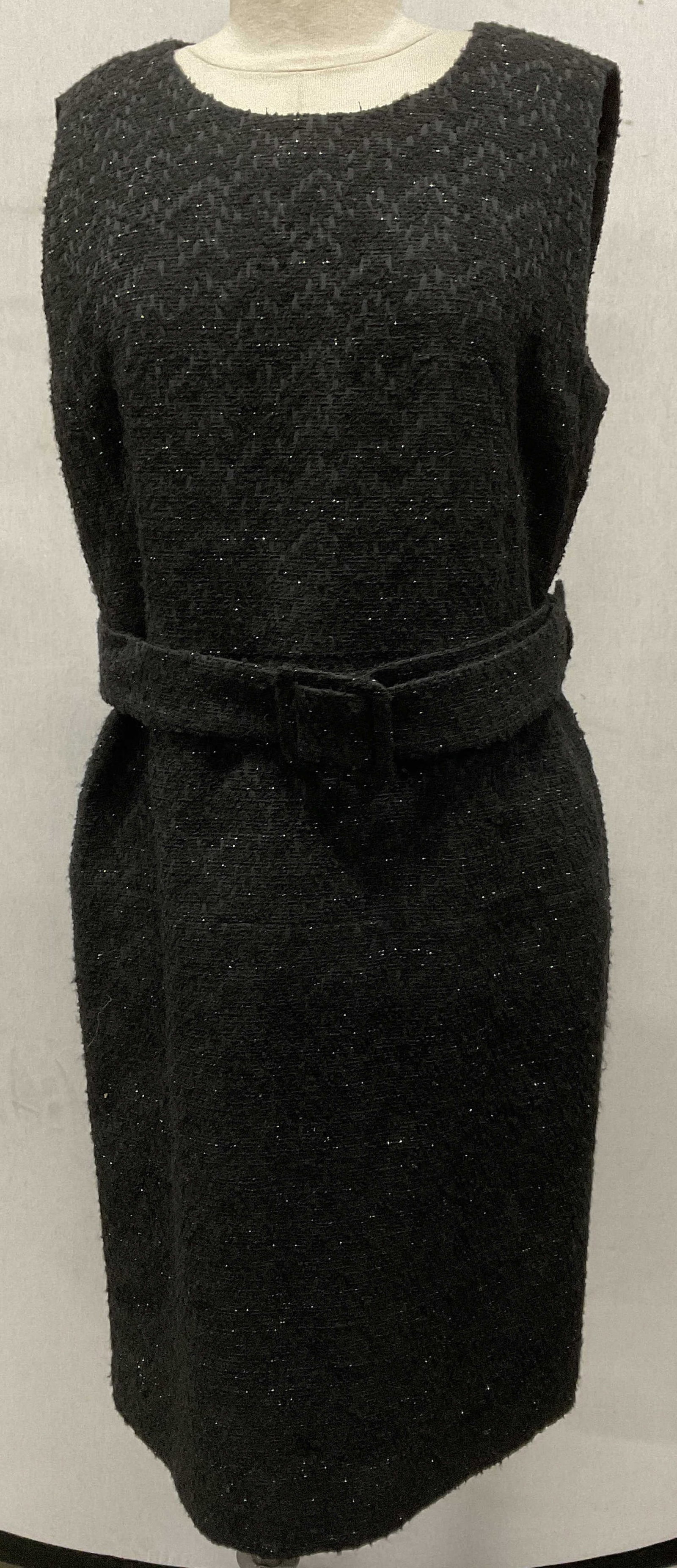 Vintage PAUW Amsterdamn Black Sheath Dress Belgium: Vintage PAUW Black Wool Blend with metallic silver thread Sheath Dress with belt. Made in Belgium. Tag reads PAUW AMSTERDAM. COPY PROTECTED. MADE IN BELGIUM. size unknown. Measures approx. Chest 37 in