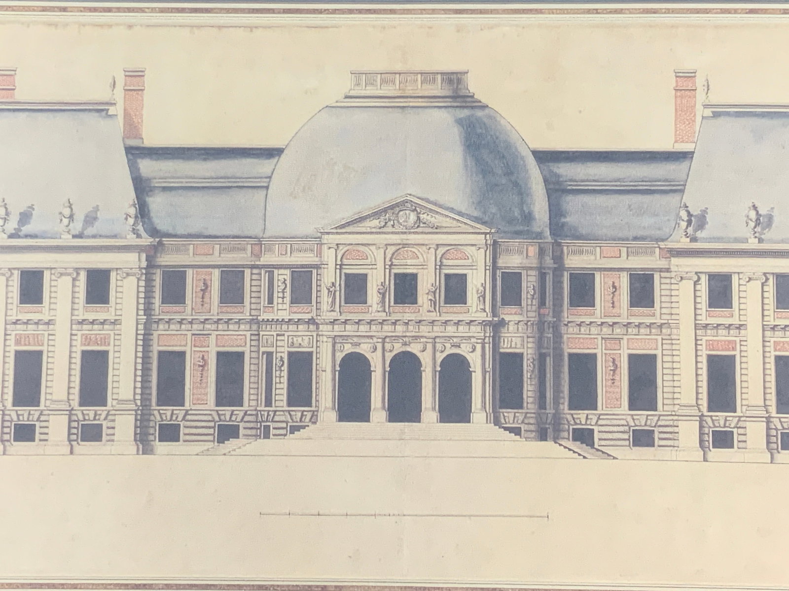 Vaux Le Vicomte Colored Architecture Lithograph: Marked on margin Louis le vau Vaux le vicomte. Depicts the buildings exterior with a blue boarding around the paper. No frame. Approx 10 x 17 inches. Evident tearing to the edges of paper. Architectur