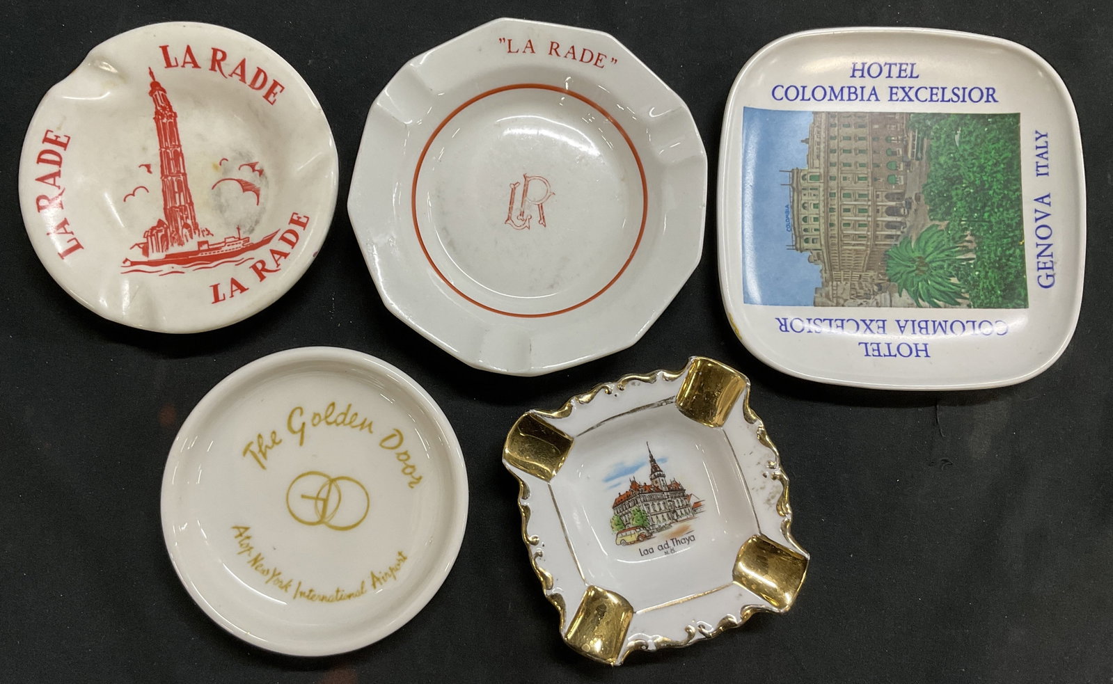 Lot5 Souvenir European Ashtrays/Trinket Dishes: 2 La Rade Hotel, France; The Golden Door, Atop-New York International Airport; Laa Ad Thaya, Austria; Hotel Colombia Excelsior, Genova Italy; measures approx. 5 x 5 in. Property of Greenwich Connectic