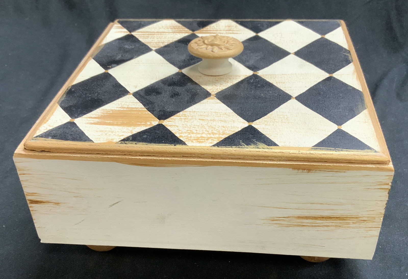 Painted Wood Box w Diamond Pattern, Sun Handle (1 of 6)