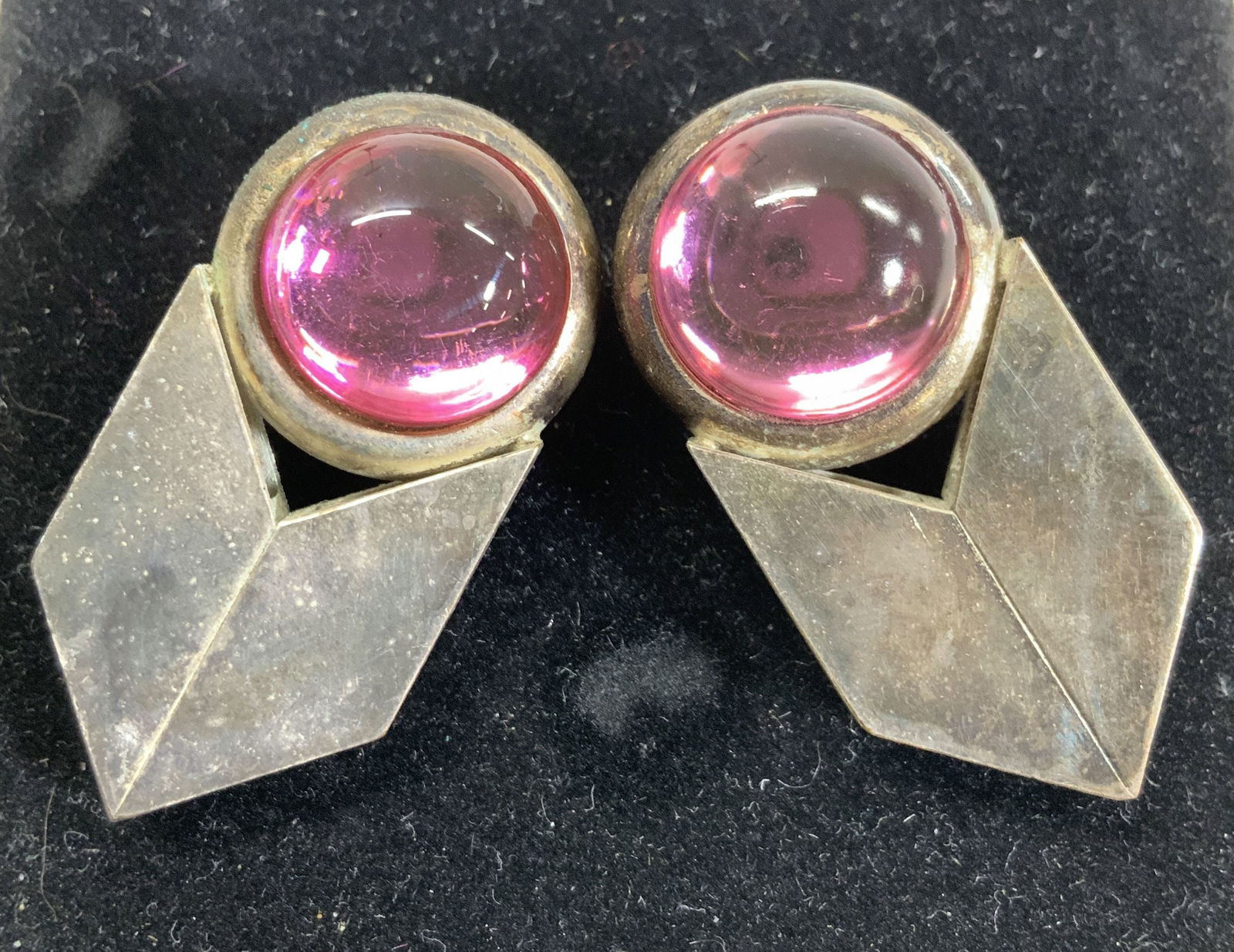 Art Deco Drop Earrings w Pink Cabochon Bead (1 of 6)