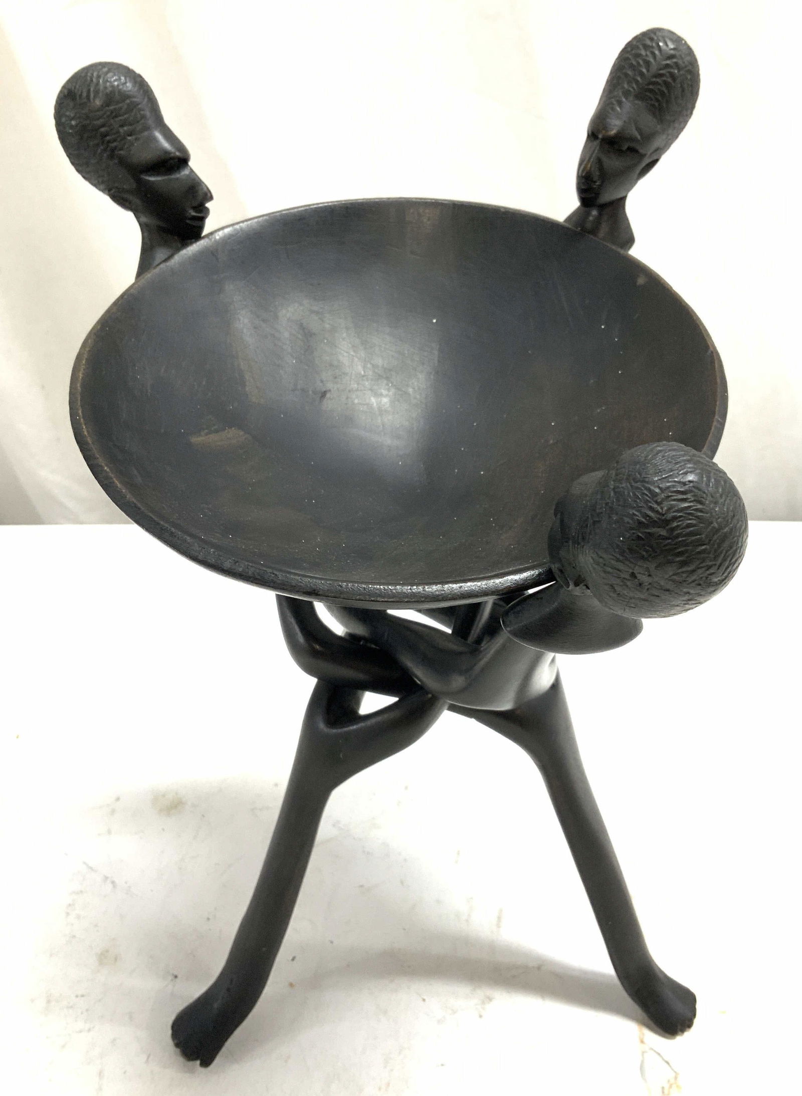 African Ebonized Wood Bowl w 3 Figure Heads 2pcs (1 of 6)