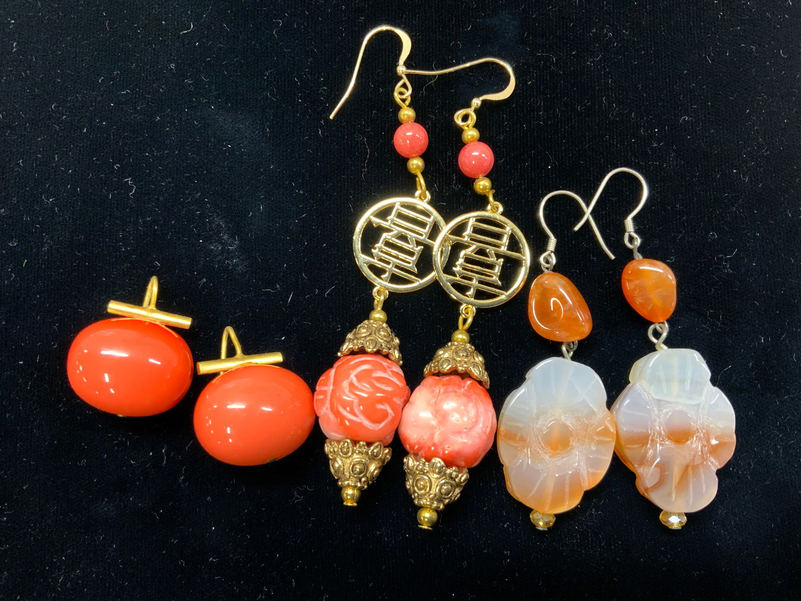 3 Prs Earrings, Sterling Hooks, Asian Carnelian (1 of 6)