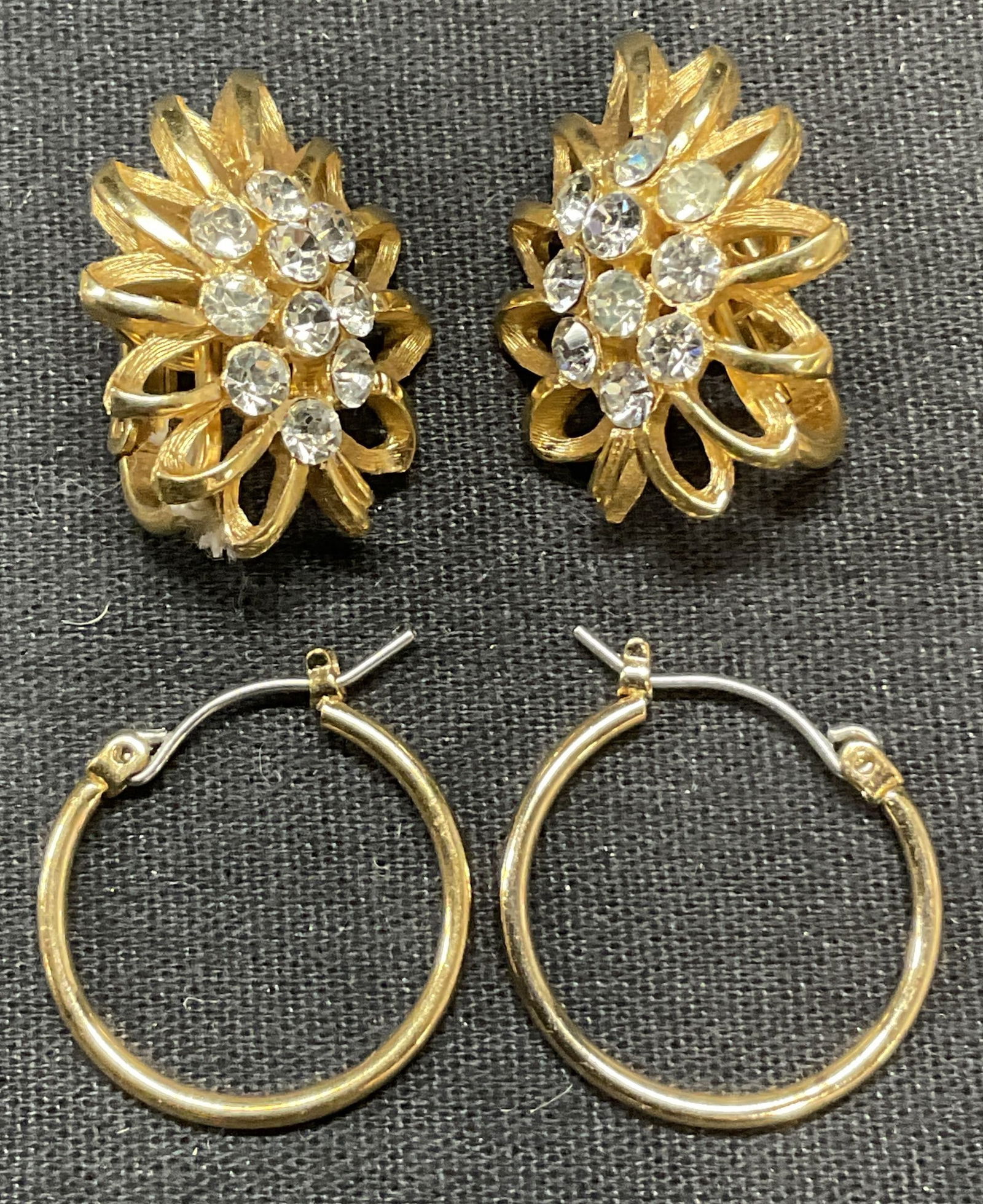 Lot 2 Trifari Gold Tn Crystal Earrings, Hoops (1 of 7)