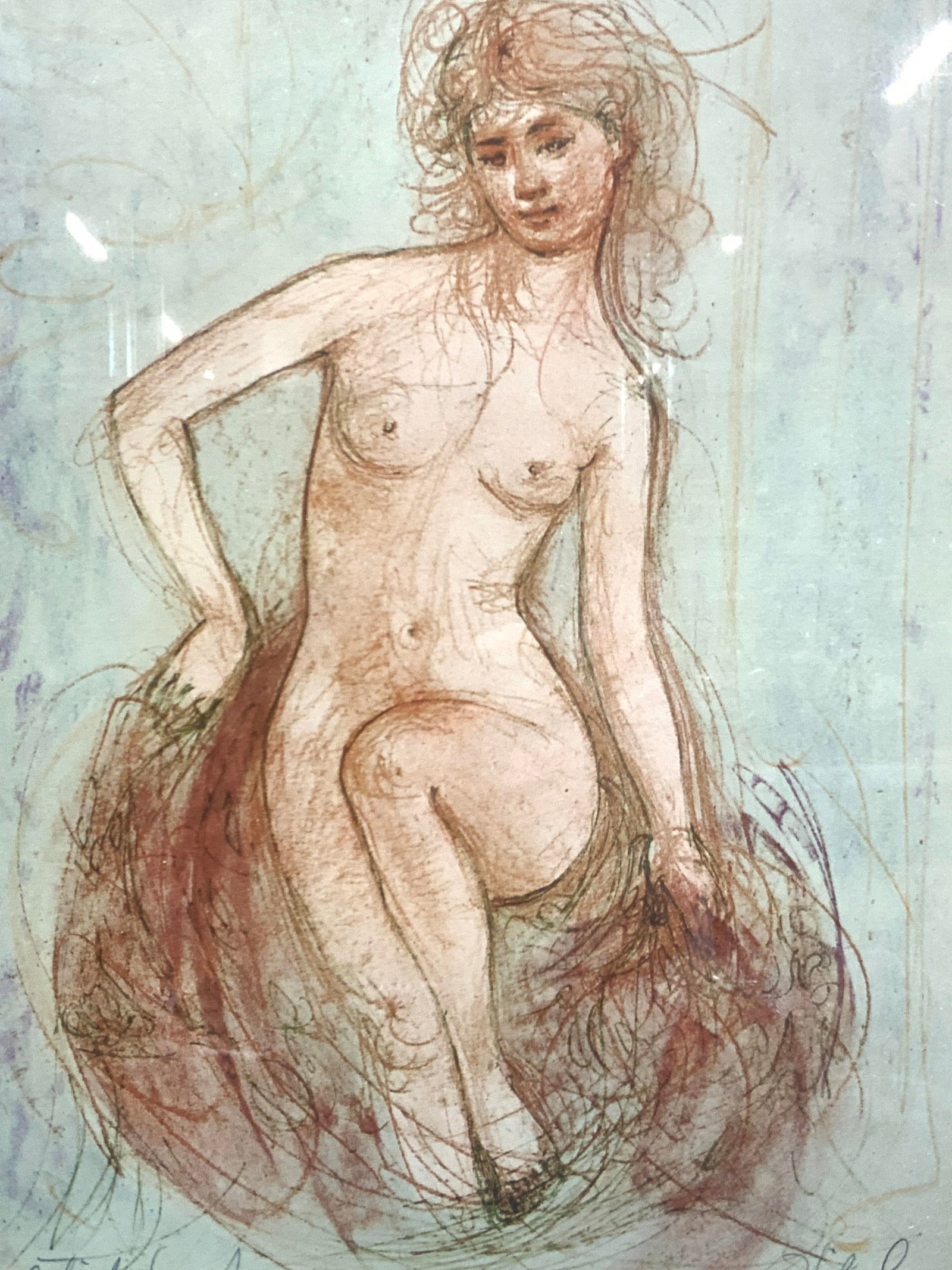 Edna Hibel Female Nude Lithograph: Marked on lower right corner Hibel. Lithograph depicts a lone nude woman in a teal background. Framed in a silver metal frame with off white and red mat board. Approx 16.25 x 13.75 inches window measu