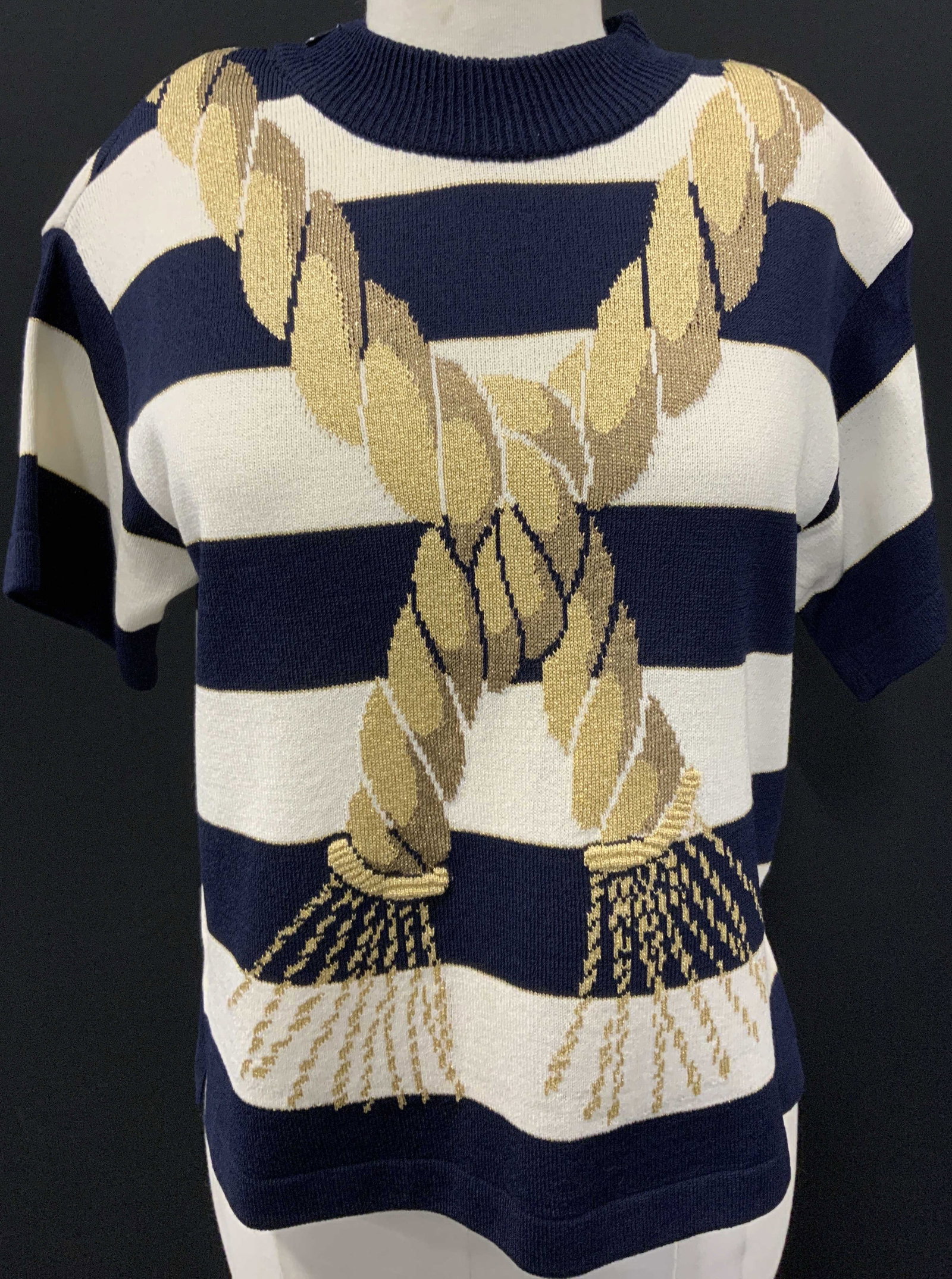 St John by Marie Gray Nautical Sweater USA: Navy and creamed striped short sleeve St John Collection sweater with gold metallic nautical knot design. Size petite medium. Crew neck, shoulder zipper, Velcro shoulder pads. rayon/ nylon combo. 20 i