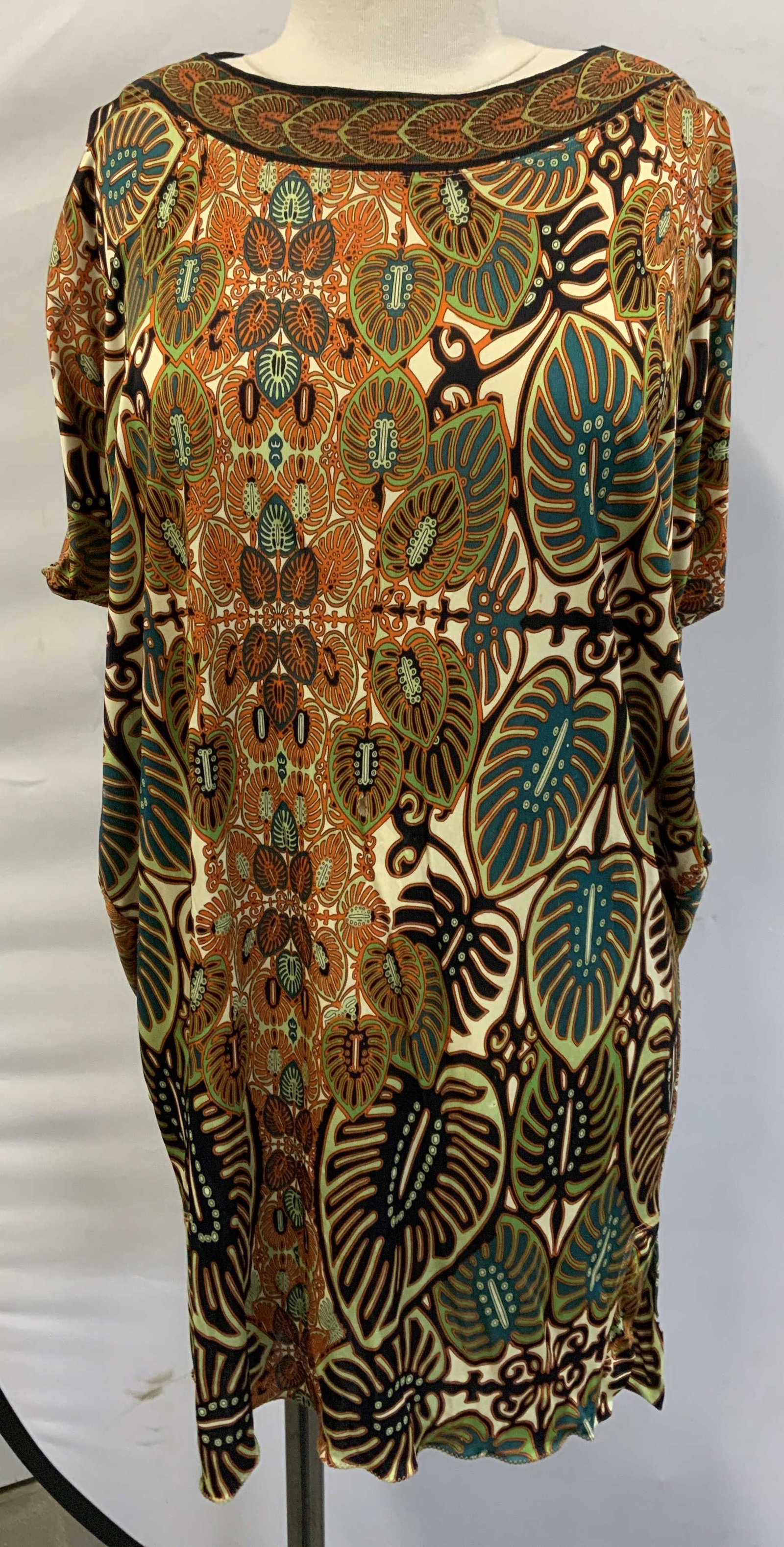 JEAN PAUL GAULTIER Tropical Paisley Dress, Italy: Circa 1990s, boatneck, mesh trim collar, peek a boo open shoulders Jean Paul Gaultier Soleil botanical graphic print dress. Size medium. 100% viscose. Gently worn. Made in Italy. Property of Manhattan
