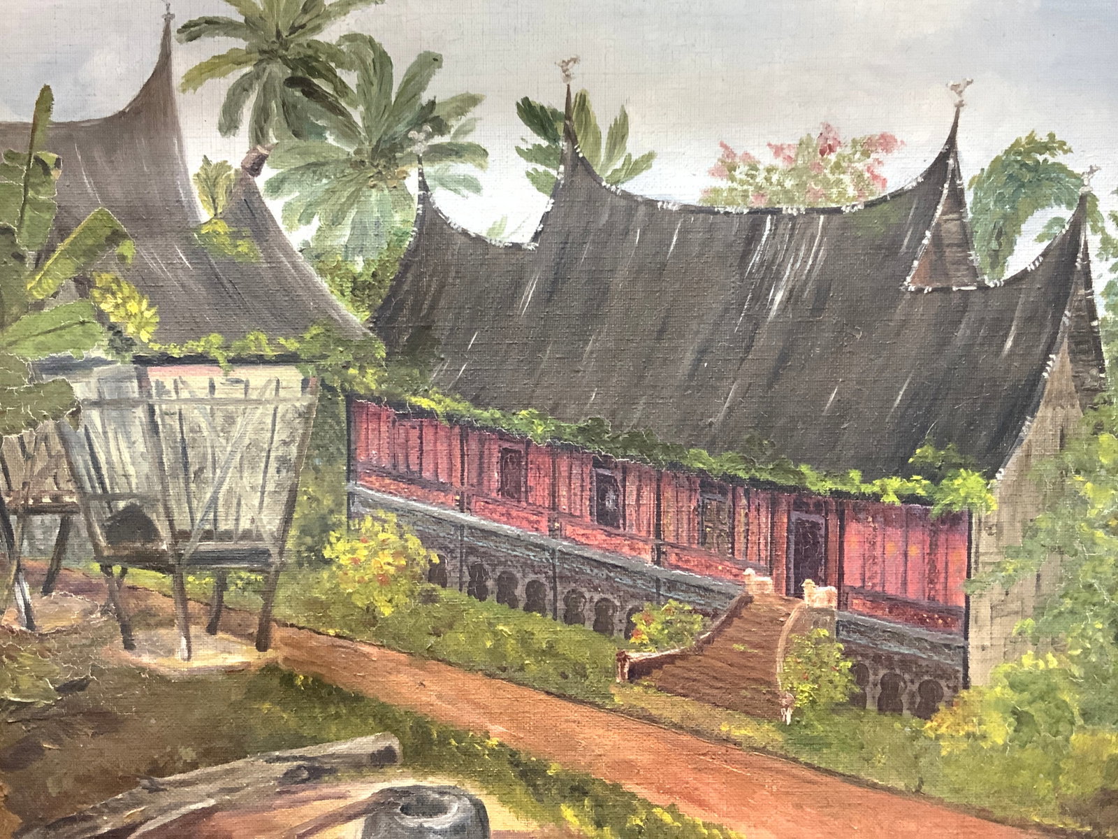 Else Reuser Sgd Indonesia Longhouse Painting: Signed in lower left corner, reads Else Reuser, blocked by frame Subject depicts an Indonesian village with a red long house with curved pointed roofs. Framed in gold leafed wooden frame Approximately