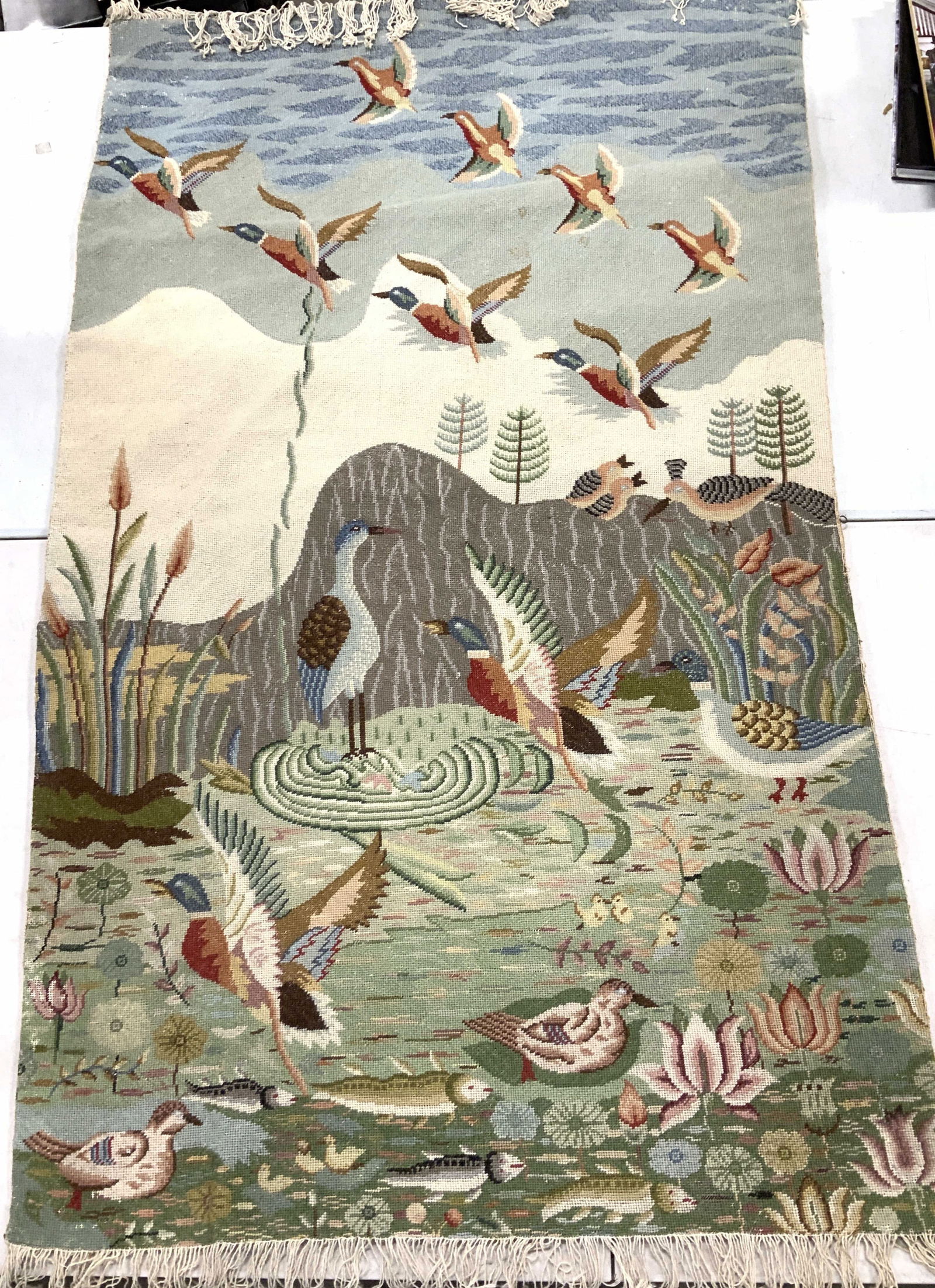 Chinese Needlepoint Wall Tapestry w Ducks 2ft10in (1 of 13)