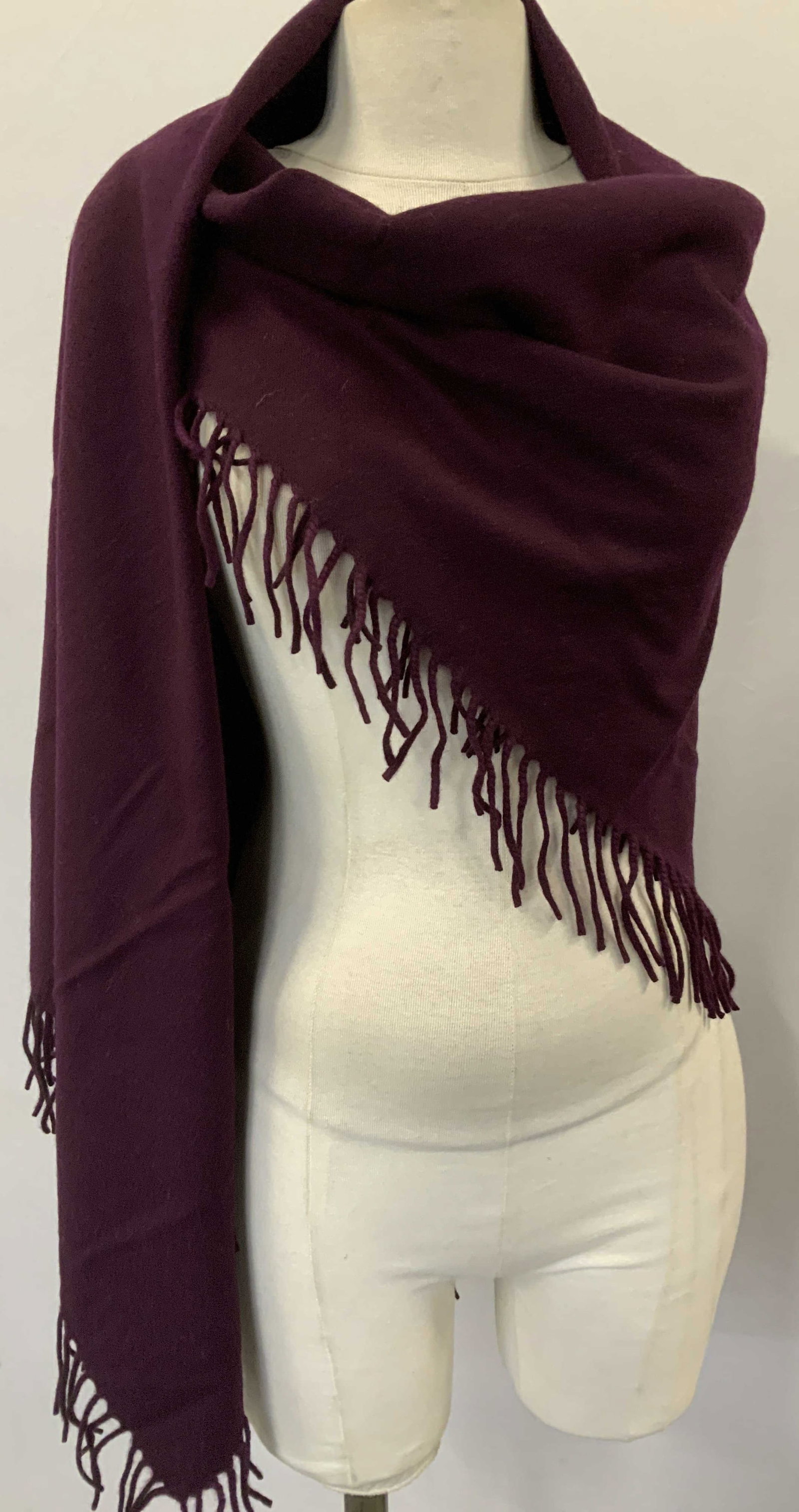 Wool & Cashmere Eggplant Toned Scarf Shawl Italy: Tassel shawl/ wrap in eggplant color, made in Italy, luxury soft hand, 80% cashmere, 20% wool. Square shape with tassels all round hem. Measures 46.5 x 46.5 in. Up cycle as a lap blanket or throw. 1 p