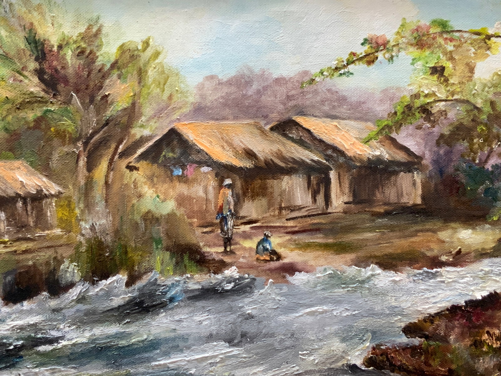 Reuser Indonesian Landscape Acrylic Painting 1994: Marked on backside, village, river and people. 1994 Painting by Else Reuser, no apparent signature Subject depicts an Indonesian village with people next a flowing river Framed in ornate gold leafed w