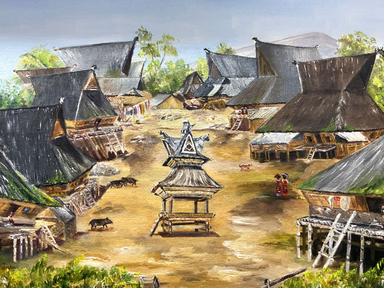 Reuser Sgd Indonesian Homes Acrylic Painting, 1976: Signed in lower left corner, reads Else Reuser, marked on backside 1976 Subject depicts an Indonesian village with a raised homes. Framed in gold leafed wooden frame with linen inner edges Approximate