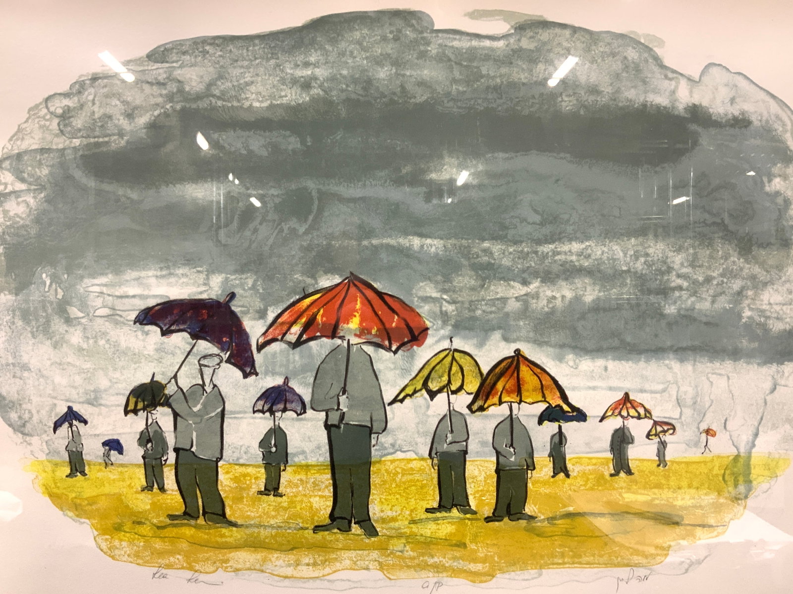 Lea Levin Signed Artist Proof Lithograph: Signed in lower center,Lea Levin, A/p Subject depicts people outside with different colored umbrellas on a cloudy day Framed in black wooden frame with silver metal frame underneath it and red mat boa