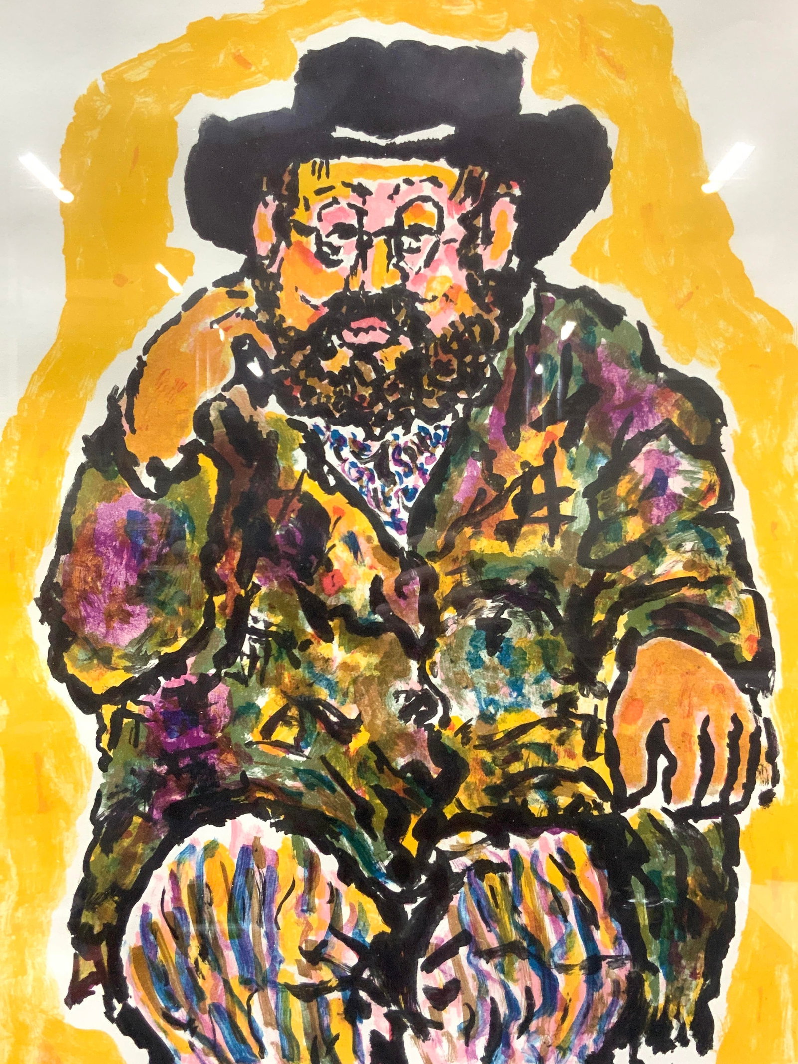 GEORGE STAUCH Sgd Artist Proof Lithograph: Signed on lower center in graphite, A.P IV, Avram The bookseller, George STAUCH Depicts the bookseller seated in a trench coat with a hat on with a yellow outline. Framed in gold toned metal frame wit