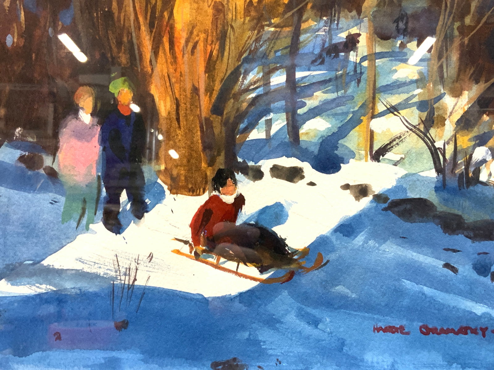 Hardie Gramatky Sgd Kids Sledding Mixed Media 1977: Signed on right corner and verso Hardie Gramatky, 1977 Depicts a snowy forest with children on a sled Framed in a gold leafed wooden frame with white mat board. Approx 12 x 15 inches window measures 7