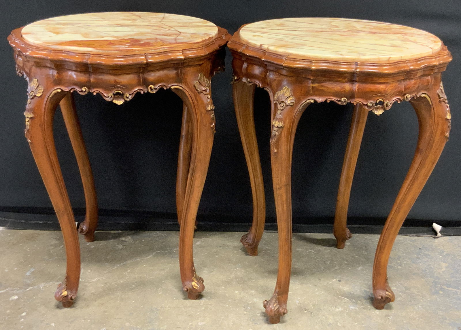 Pr Vintage Carved Wood Stone Top Round Side Tables (1 of 16)