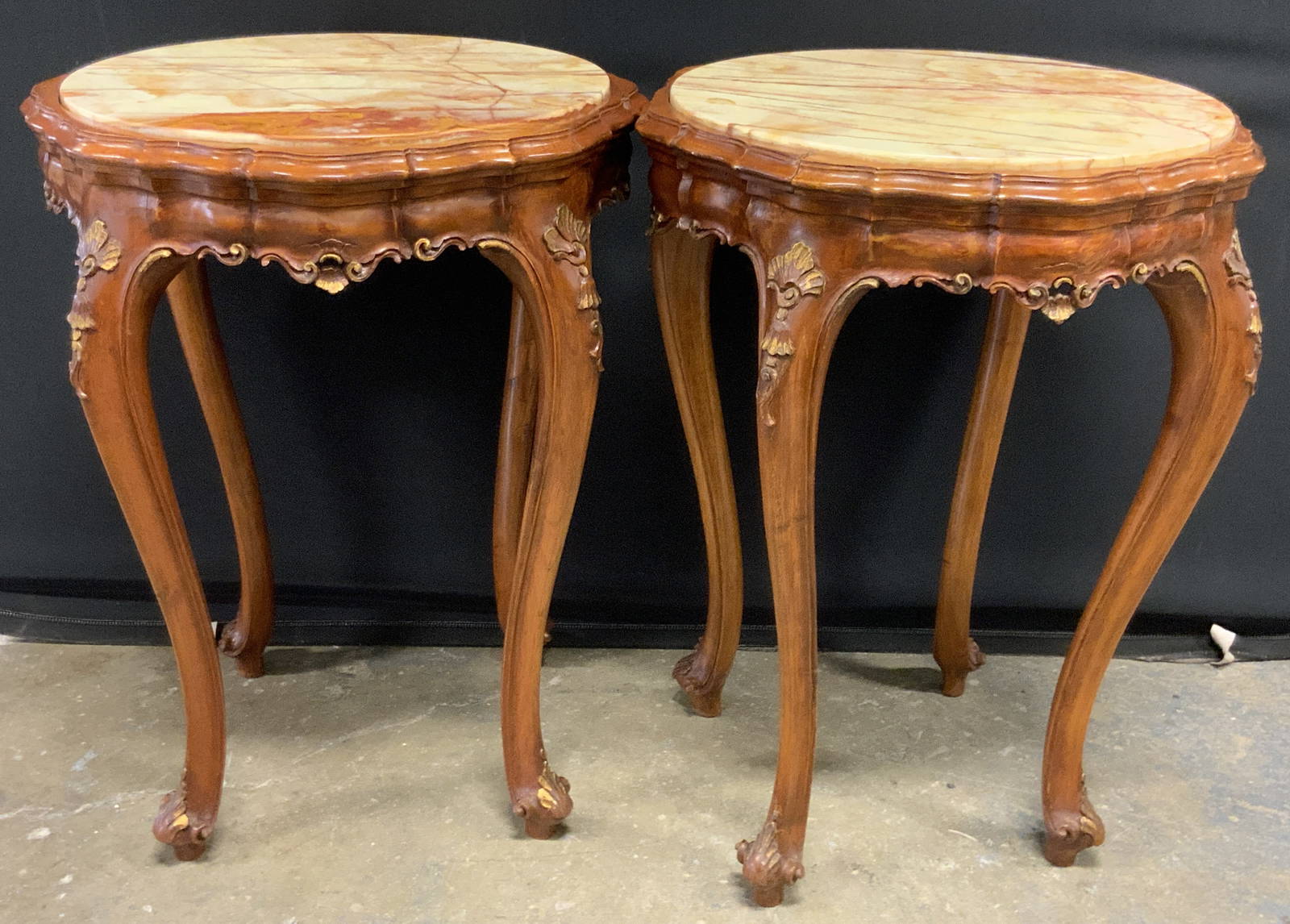 Pr Vintage Carved Wood Stone Top Round Side Tables Auction