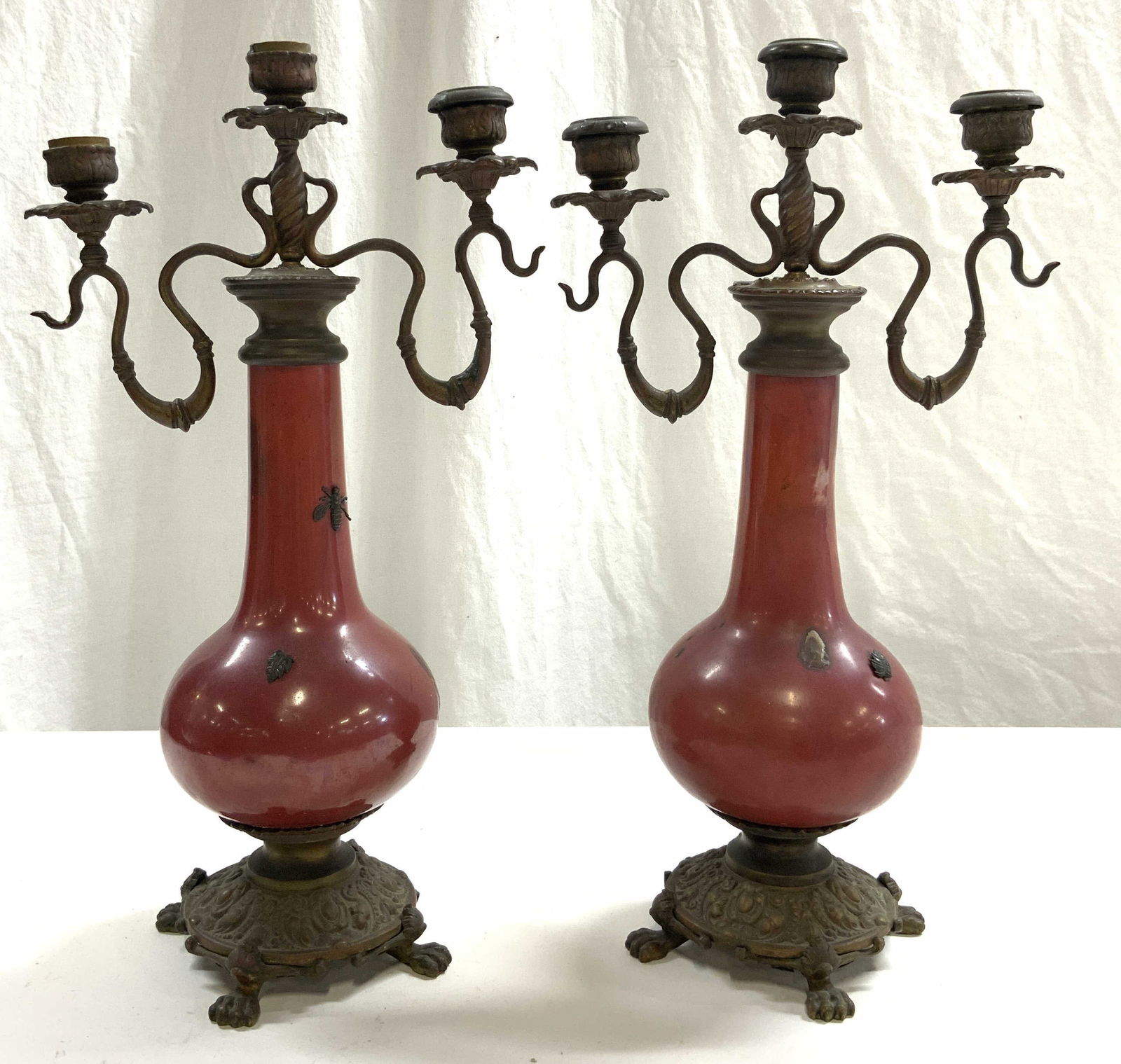 Antq Pr Victorian Bronze & Enamel Candelabras (1 of 9)