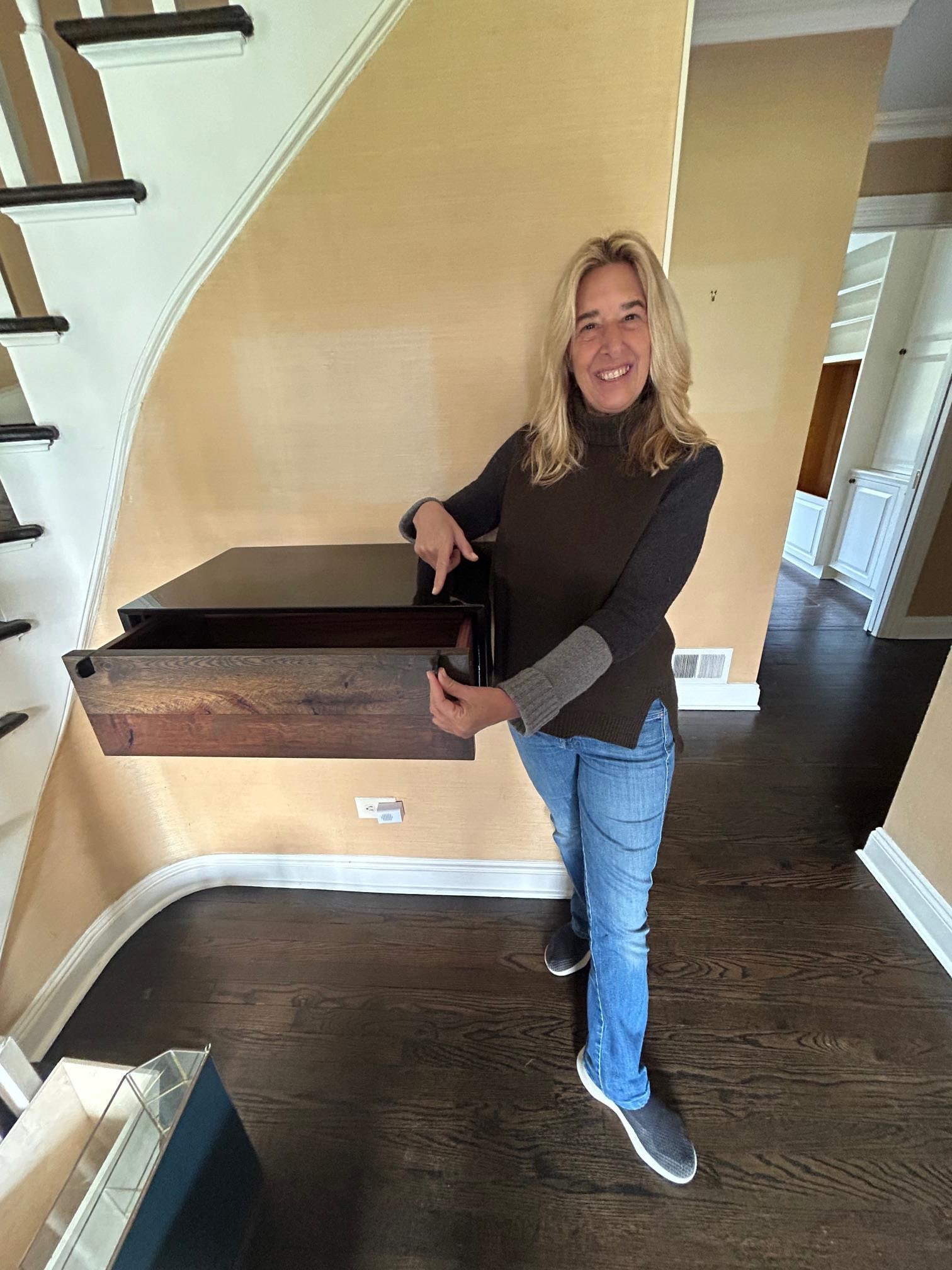 BDDW Lake Drawer, Wall Mounted Drawer Shelf: Laquer wrapped walnut wall mounted drawer shelf. Hand carved ebony handles. Rectangular form. Measures approx. 24.5W x 15D x 8H in. Some wear consistent with age and use. BDDW Lake Drawer, Wall Mounte