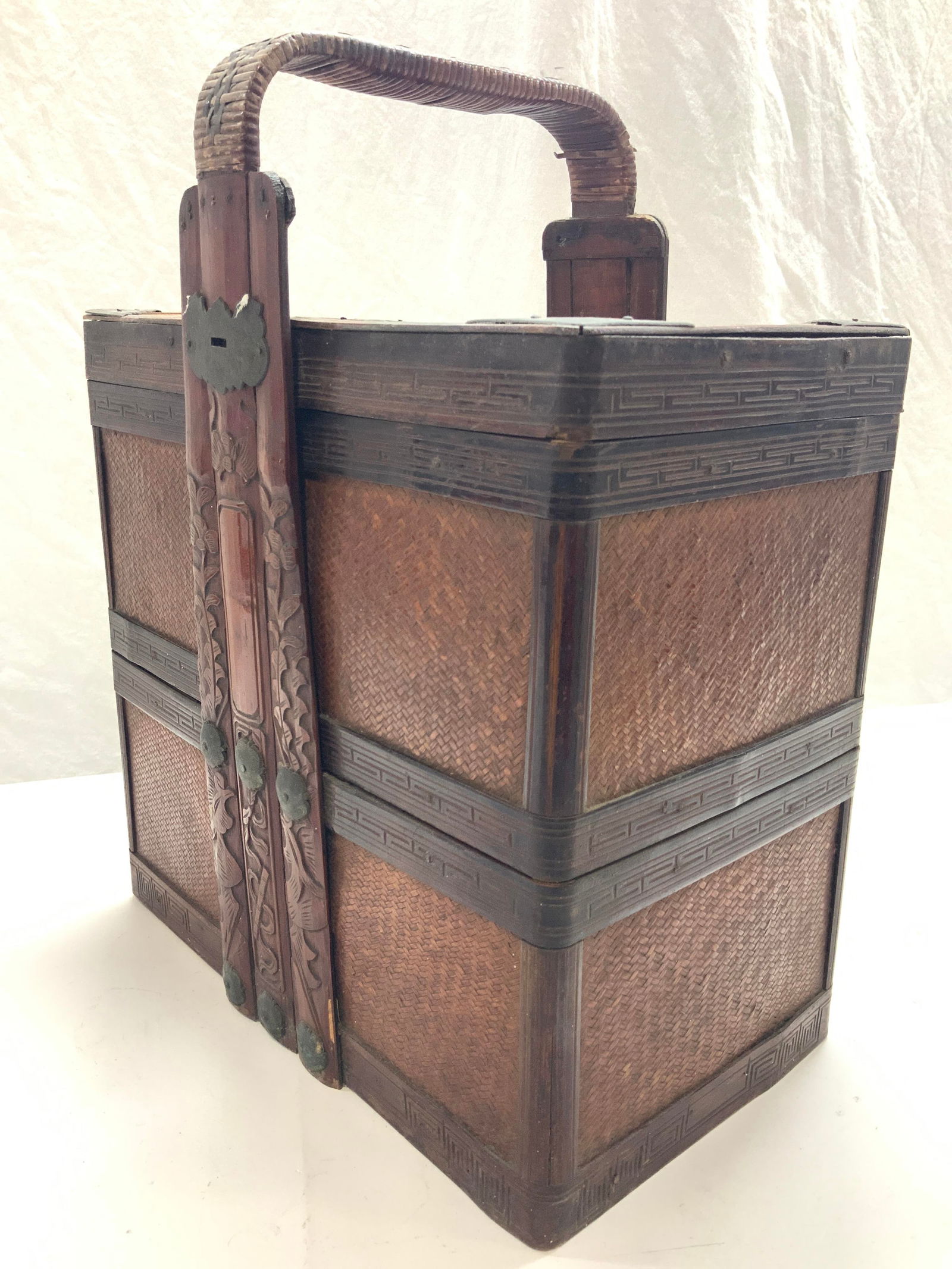 Antique Asian Two Tiered Rattan & Lacquered Basket (1 of 14)