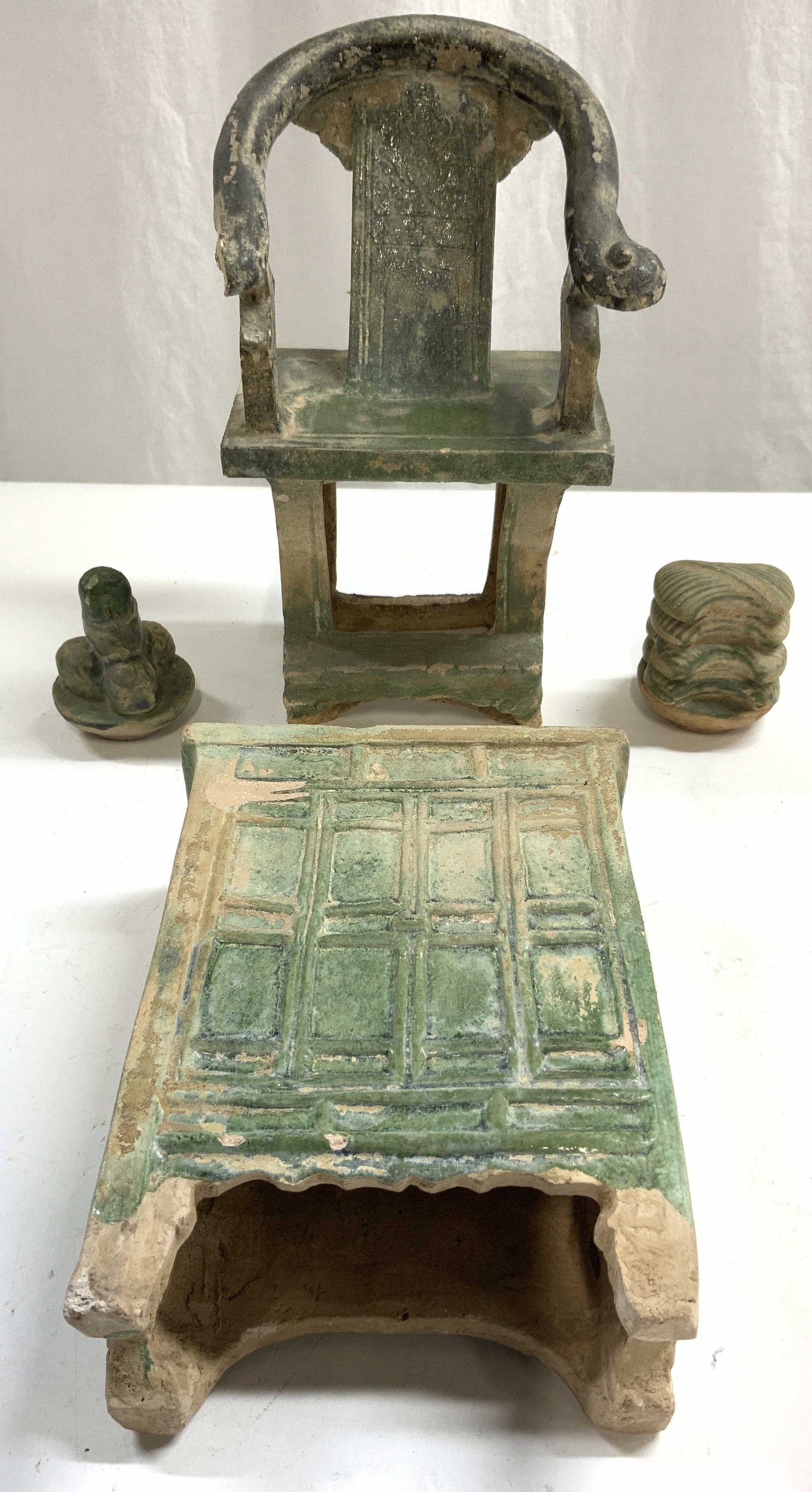 Antq Chinese Ming Dyn Ox Bow Votive, Figurals More: Lot includes 4 ceramic figures. Each are antique, appears to be antique Ming Dynasty. Lot includes 1 ox bow votive chair figure, wardrobe shaped figure, & 2 decorative objects. Chair figure measures a