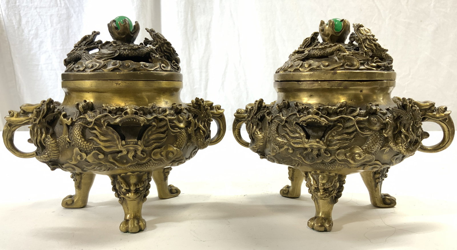 2 Chinese GiltBronze Kowloon Incense Burners, Jade (1 of 11)