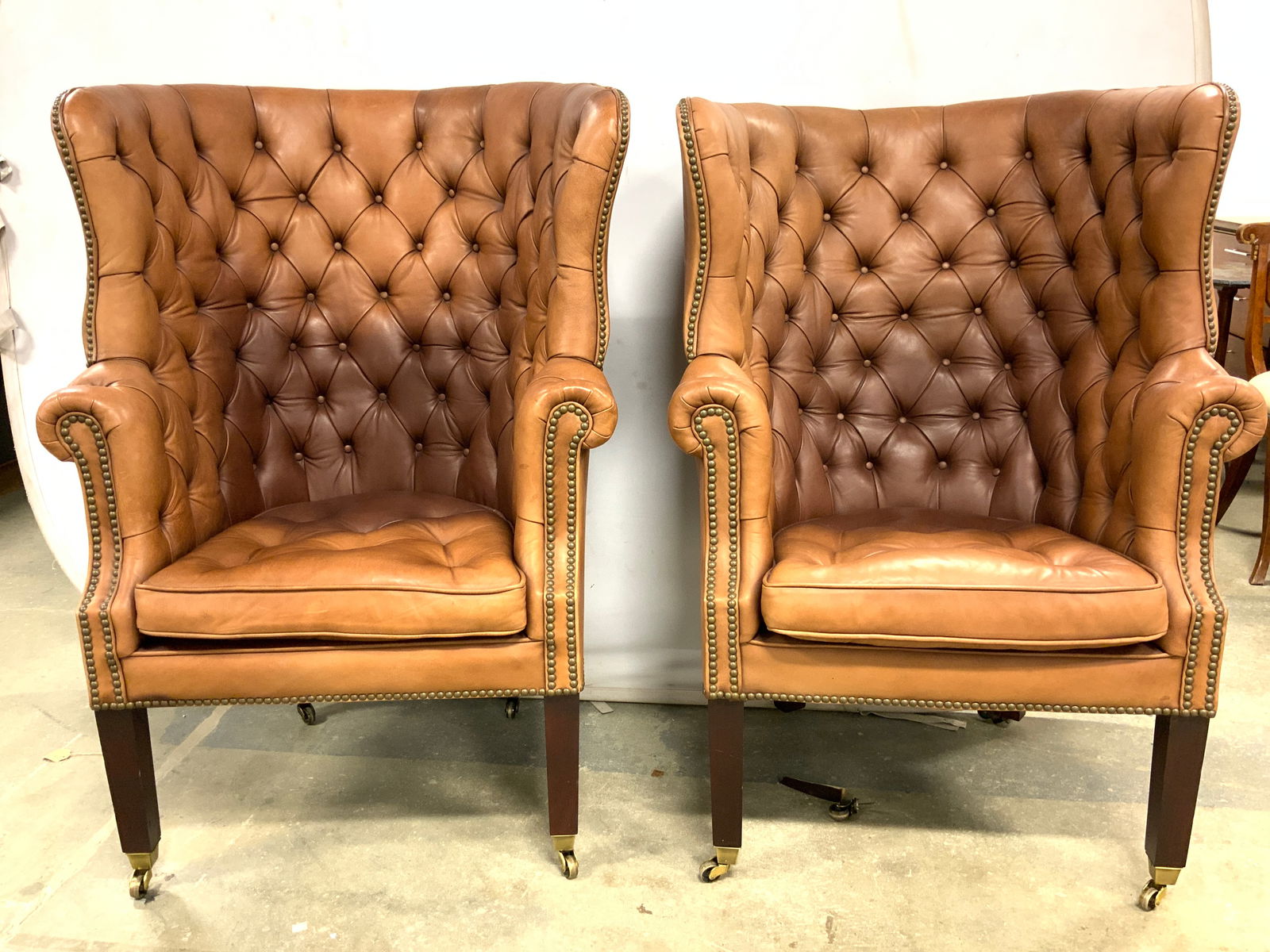RALPH LAUREN Pr Tufted Barrel Back Leather Chairs (1 of 12)