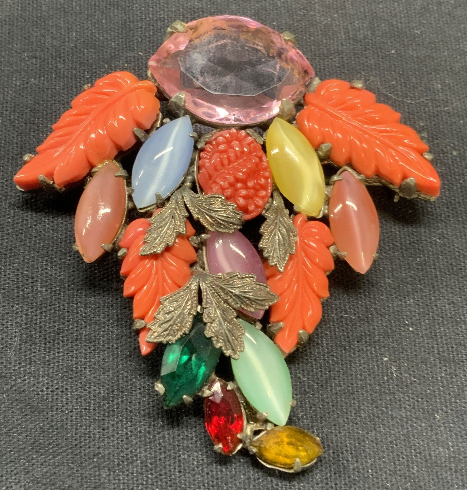 Vintage Carved Lucite & Crystal Botanical Brooch (1 of 6)