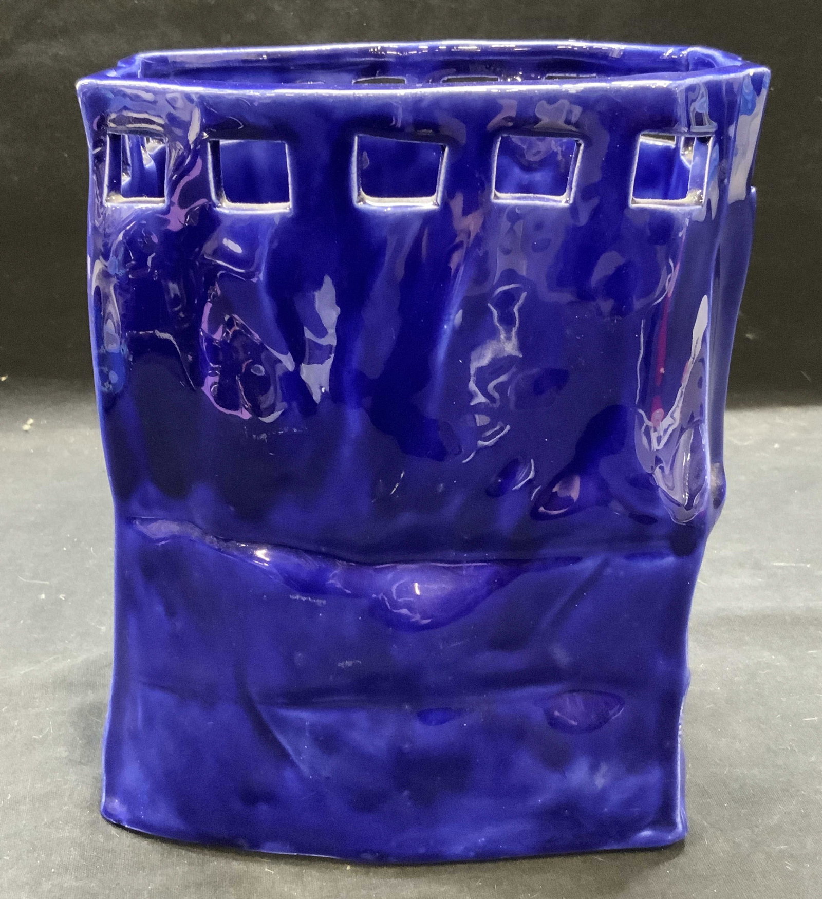 Vtg Cobalt Blue Ceramic Paper Bag Vase (1 of 7)